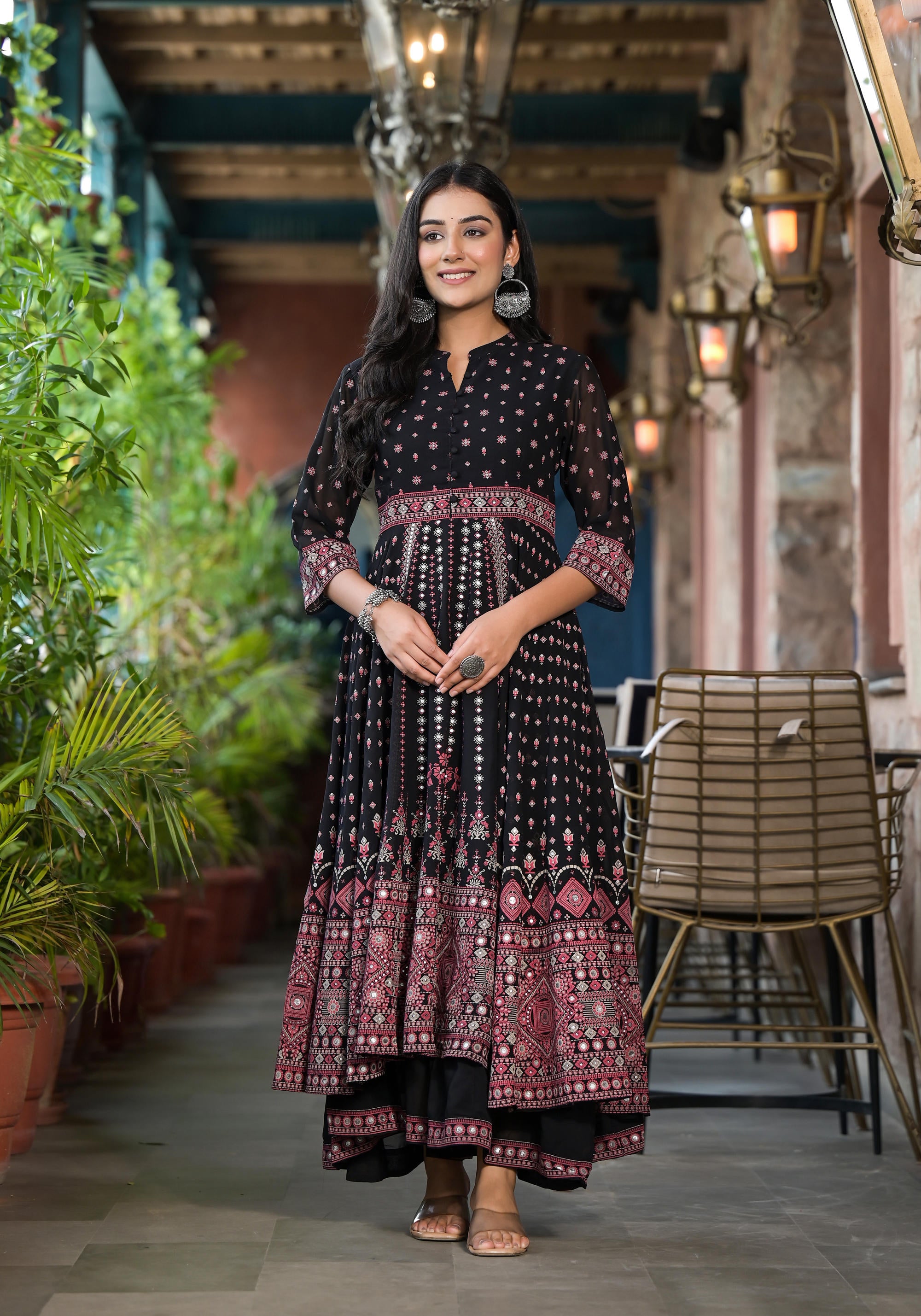 Black Ethnic Motif Printed Georgette A-line Dress With Mirror Work & Sequins