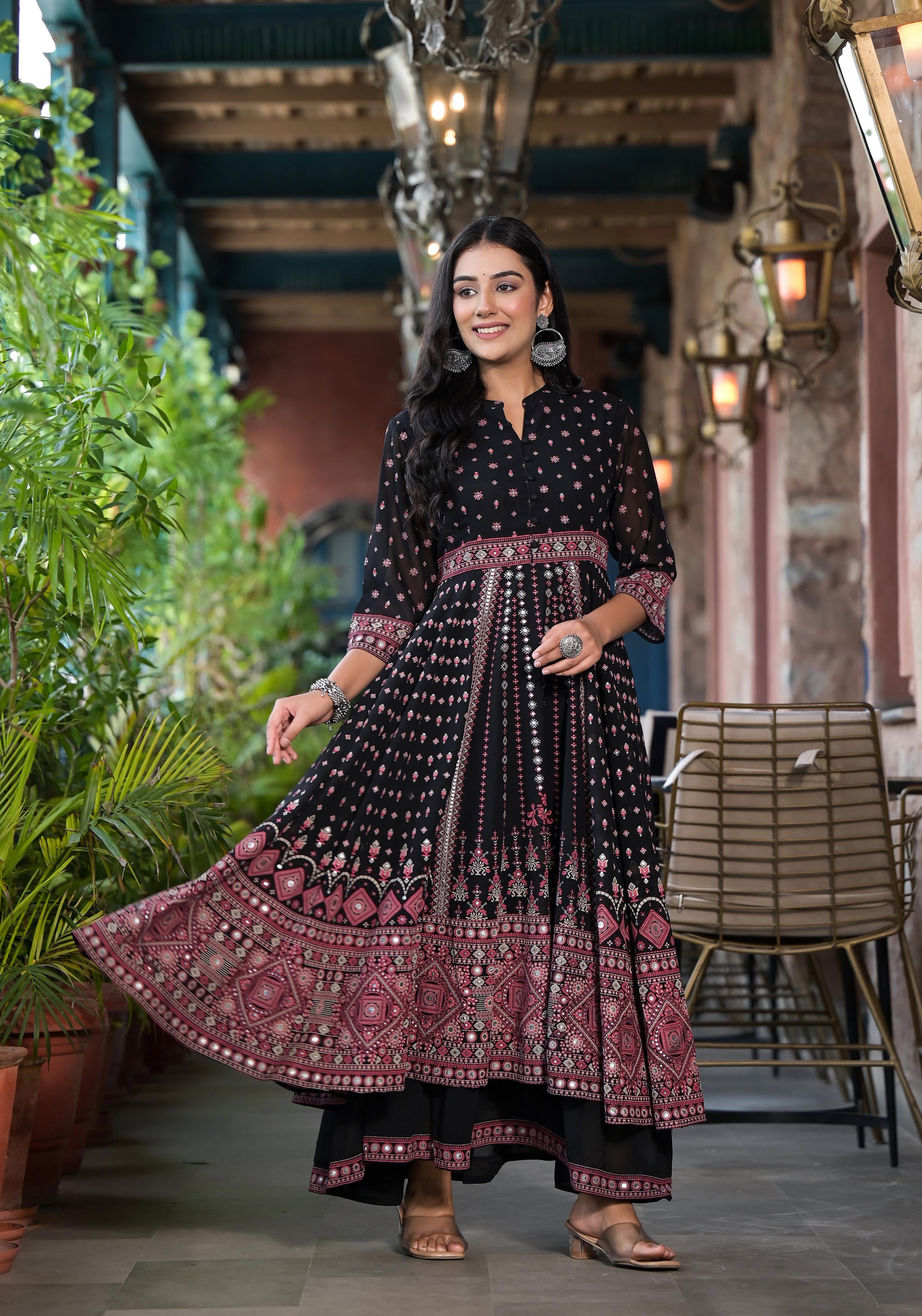 Black Ethnic Motif Printed Georgette A-line Dress With Mirror Work & Sequins