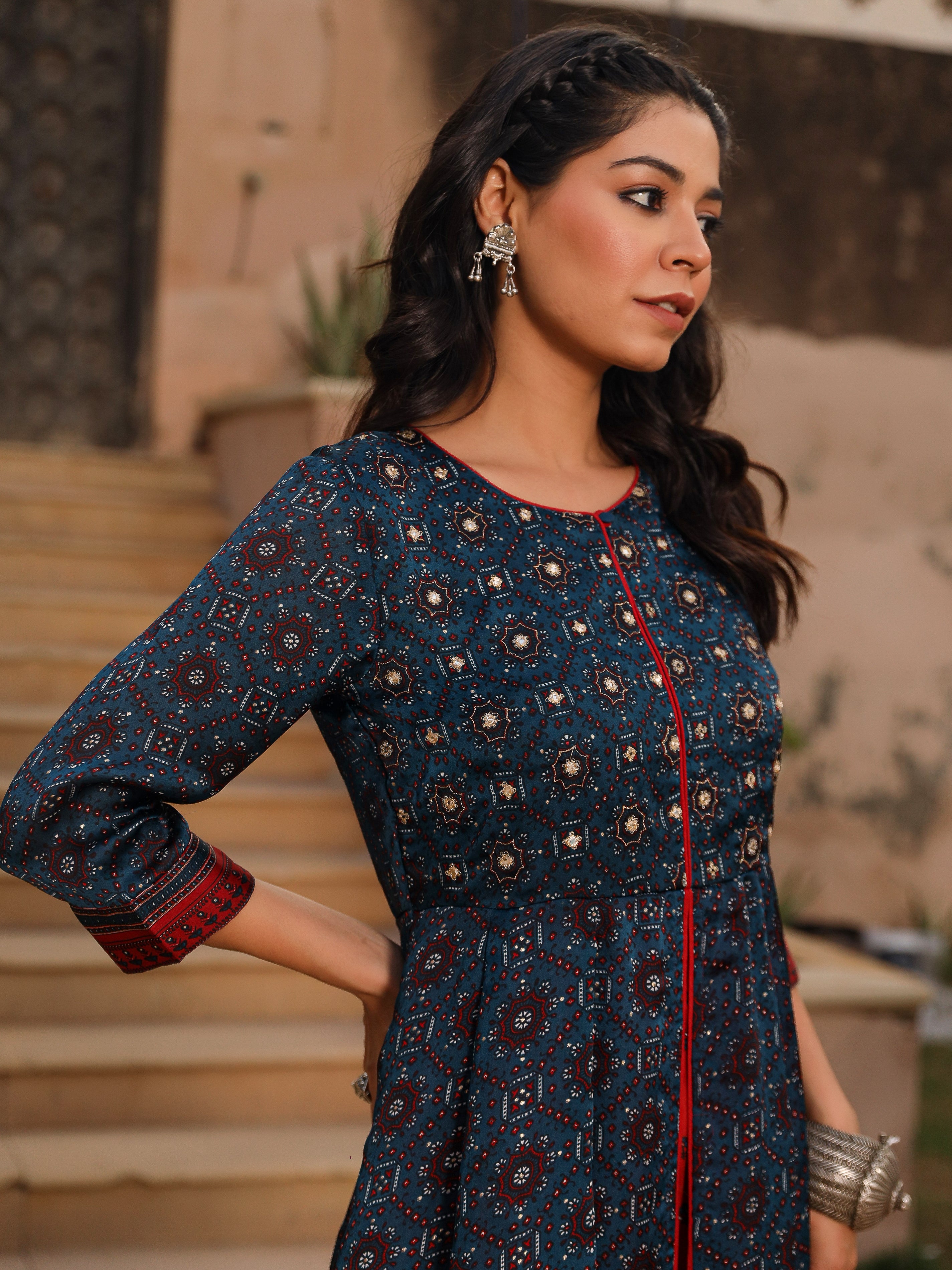 The Patang Blue Ethnic Motif Printed Cotton Dress With Mirror Work