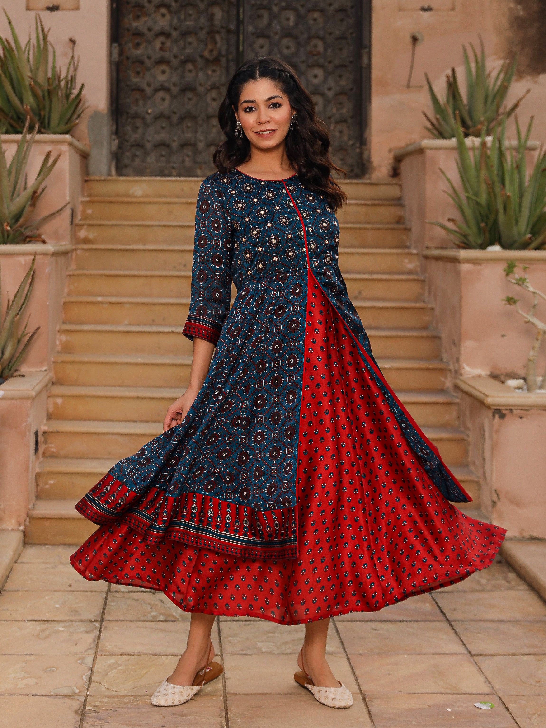 The Patang Blue Ethnic Motif Printed Cotton Dress With Mirror Work