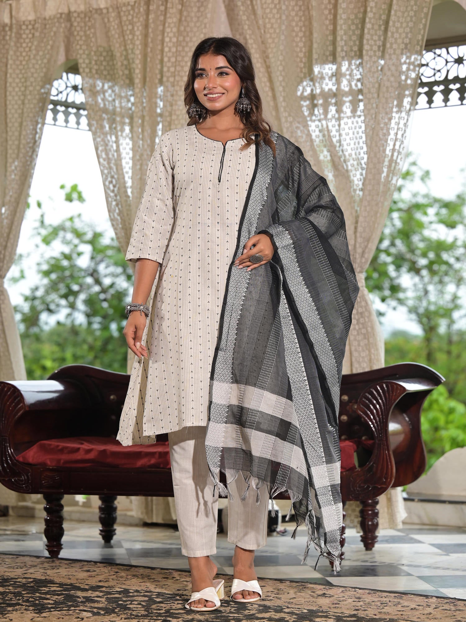 Juniper Off White Geometric Printed Cotton Kurta Pant Set With Tassels On Dupatta