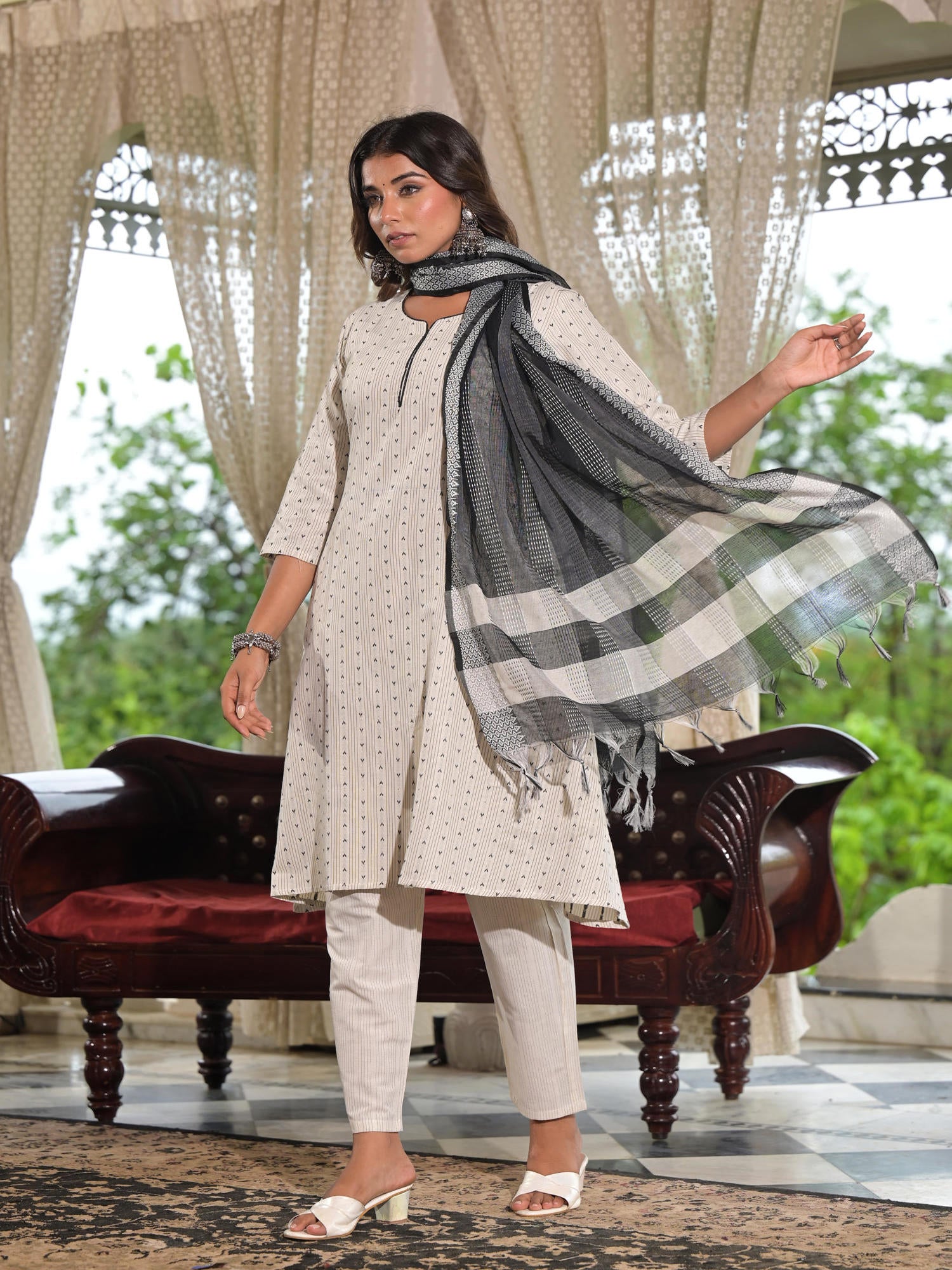 Juniper Off White Geometric Printed Cotton Kurta Pant Set With Tassels On Dupatta