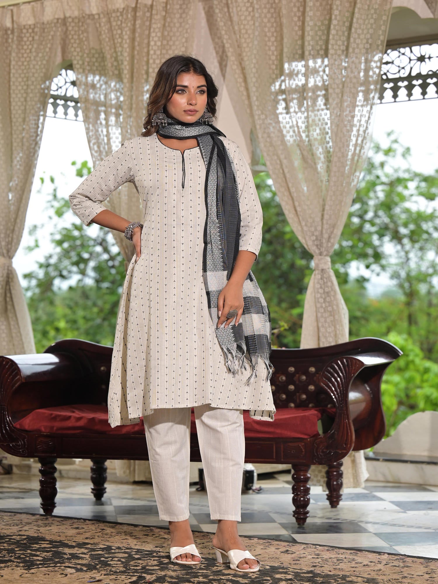 Juniper Off White Geometric Printed Cotton Kurta Pant Set With Tassels On Dupatta