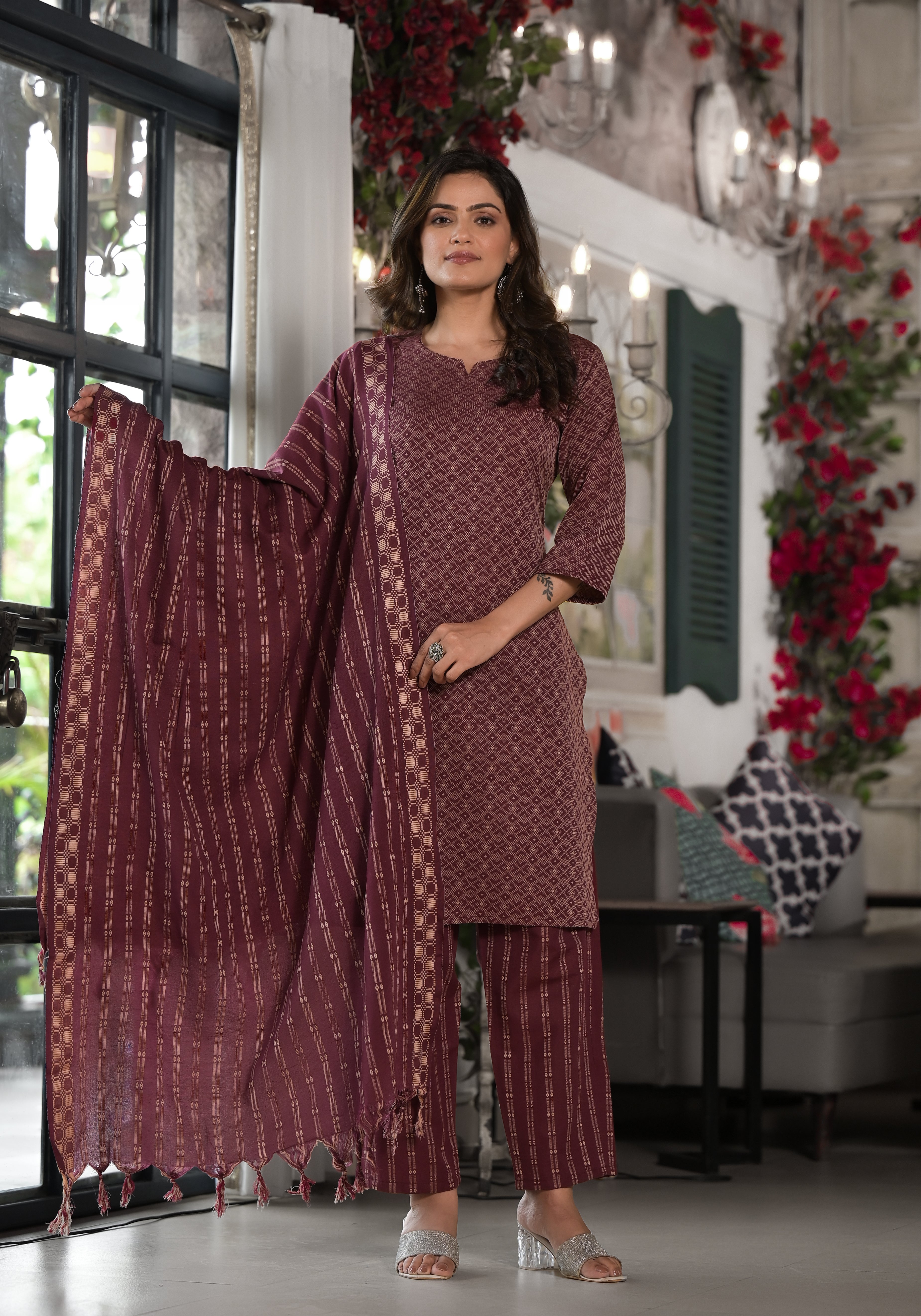 Juniper Plum Geometric Printed Cotton Kurta, Pant  With Tassels On Dupatta