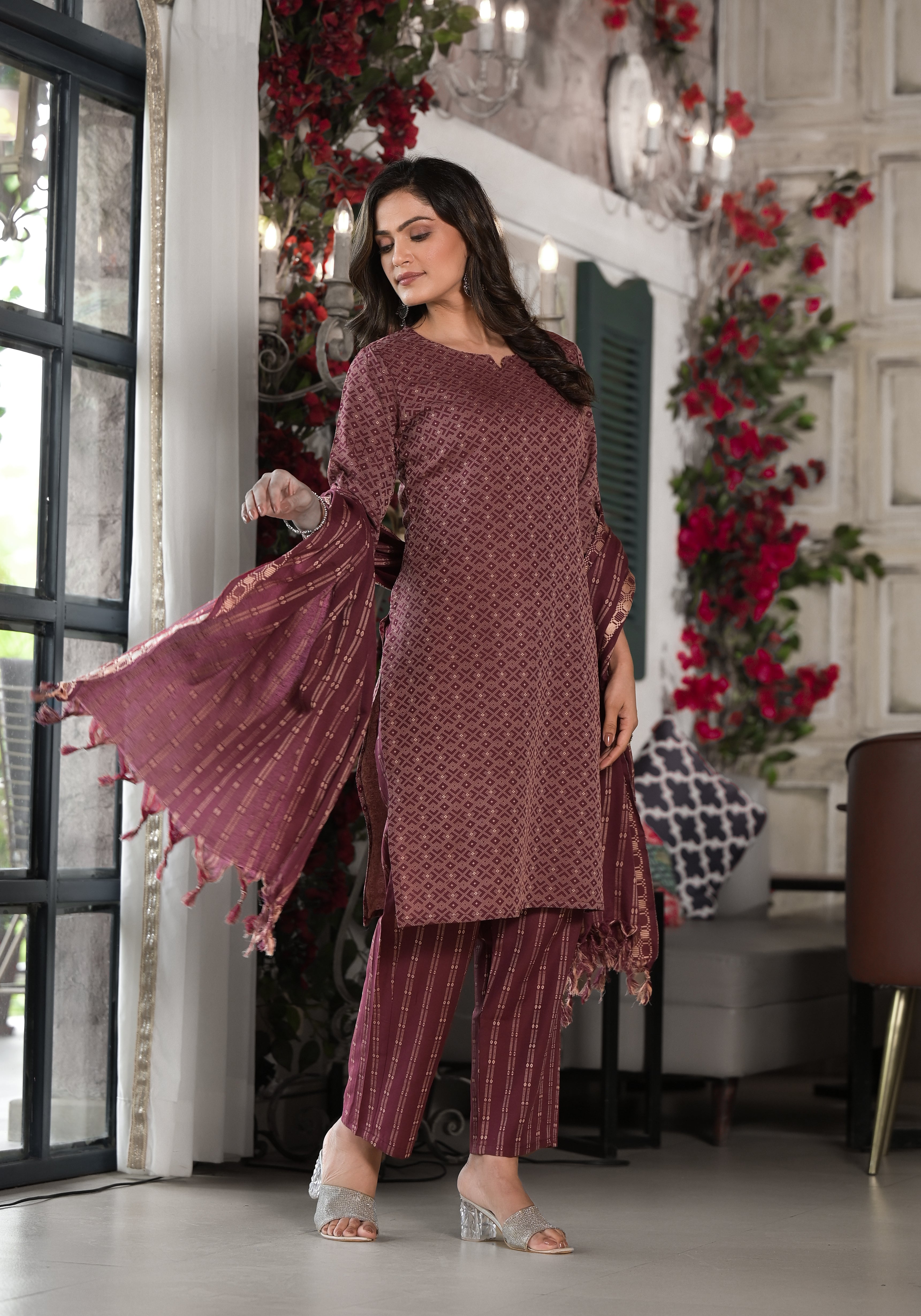 Juniper Plum Geometric Printed Cotton Kurta, Pant  With Tassels On Dupatta