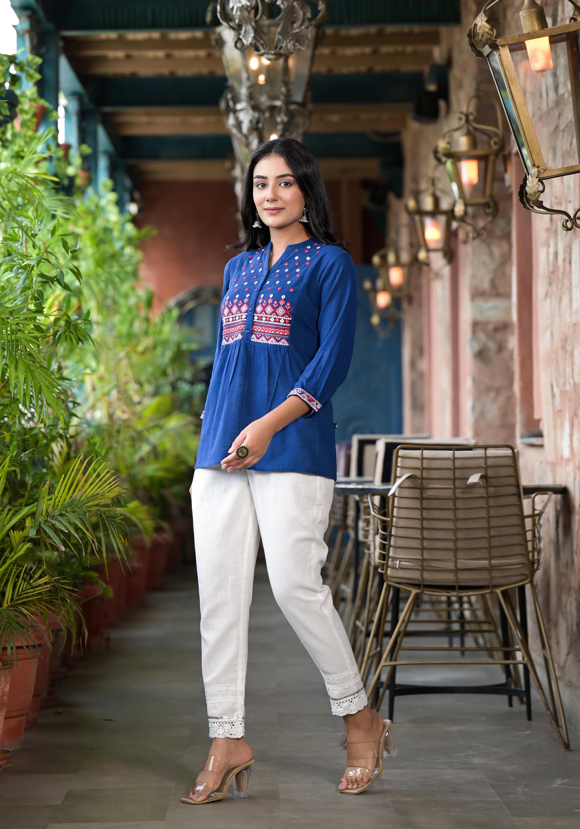 Blue Solid Cotton Short Tunic With Thread & Mirror Work