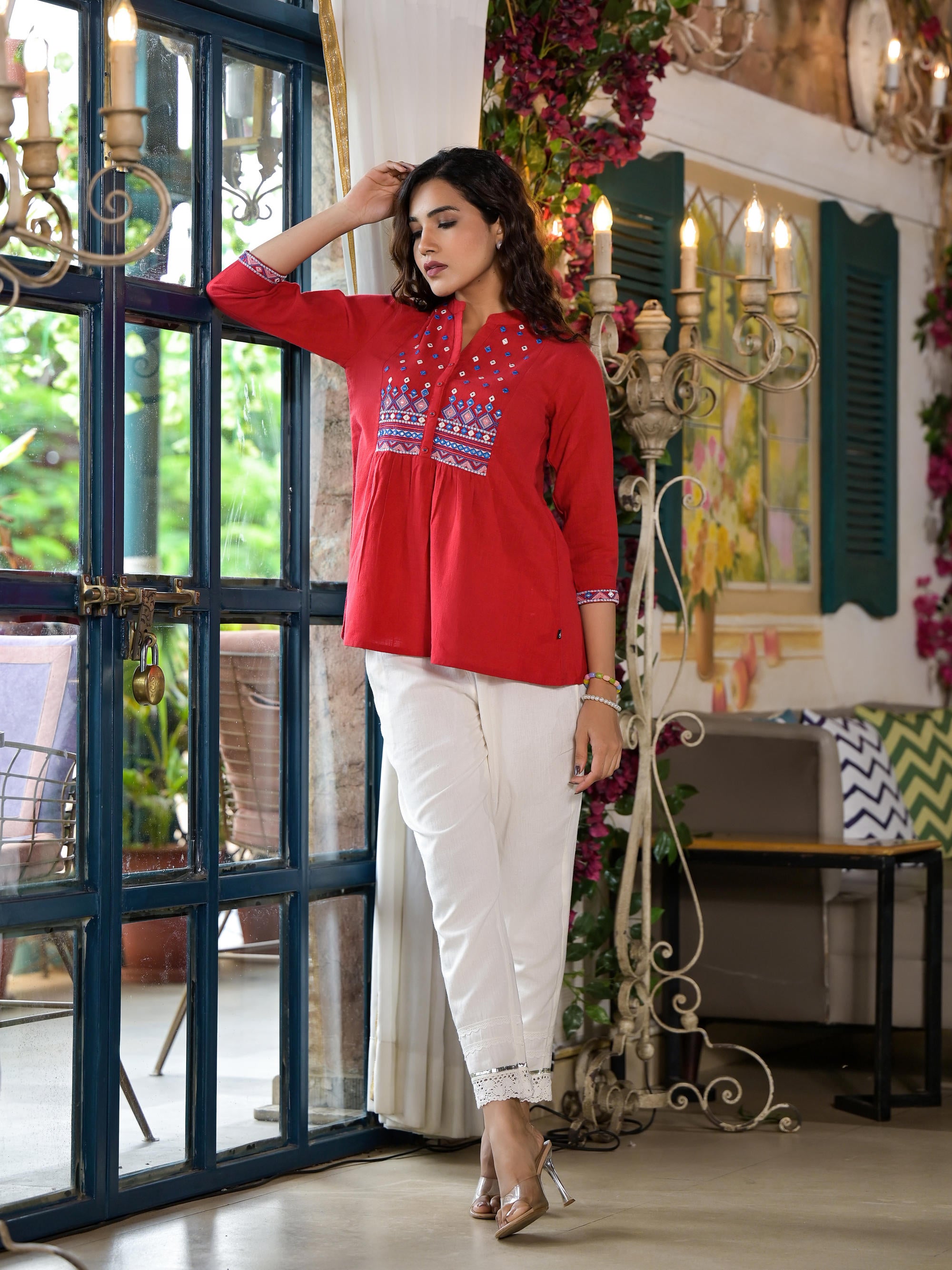 Red Thread Embroidered Cotton Tunic With Mirror work & Buttons