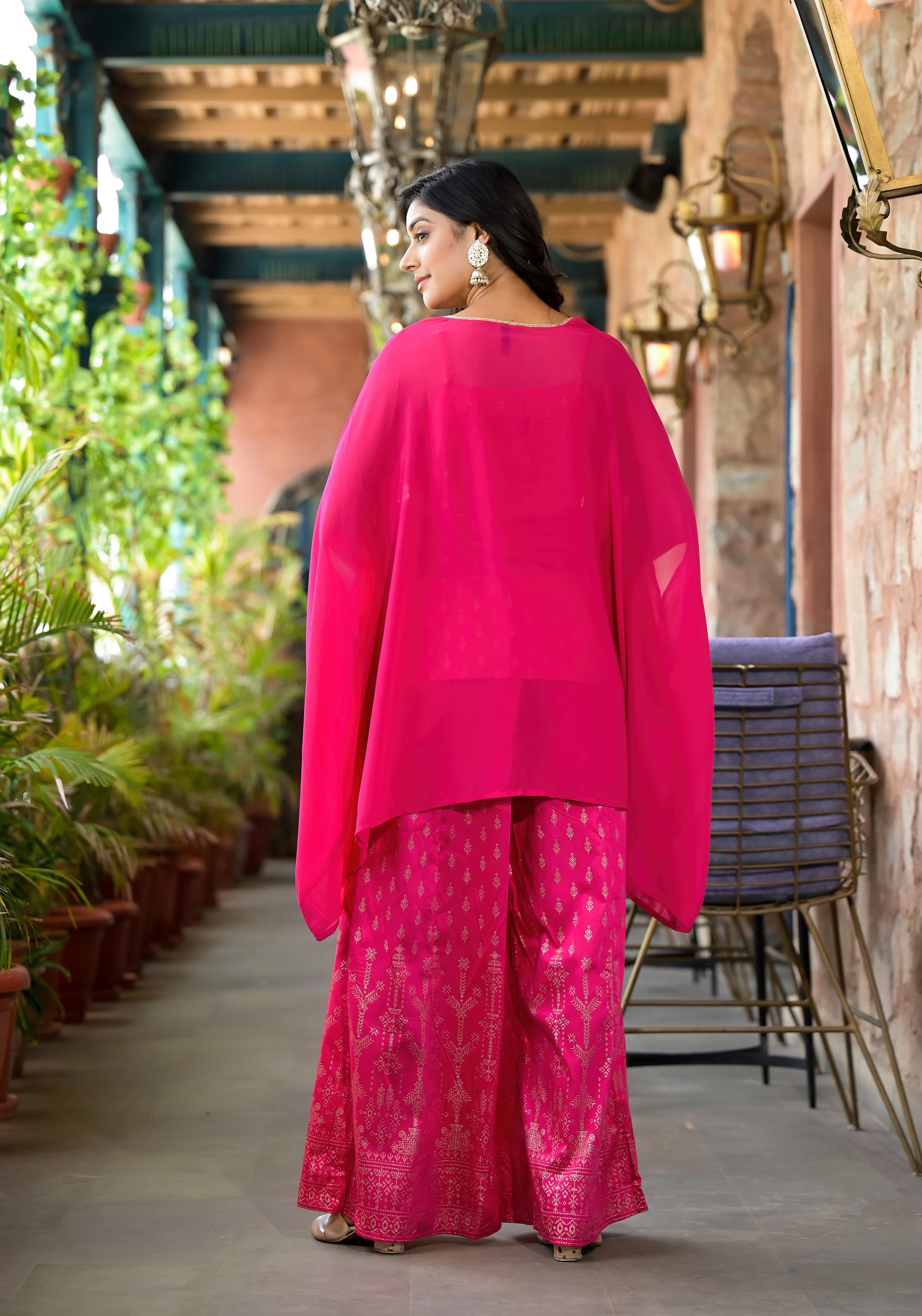 Fuchsia Ethnic Motif Printed Georgette Shrug Inner & Pant Set With Sequins