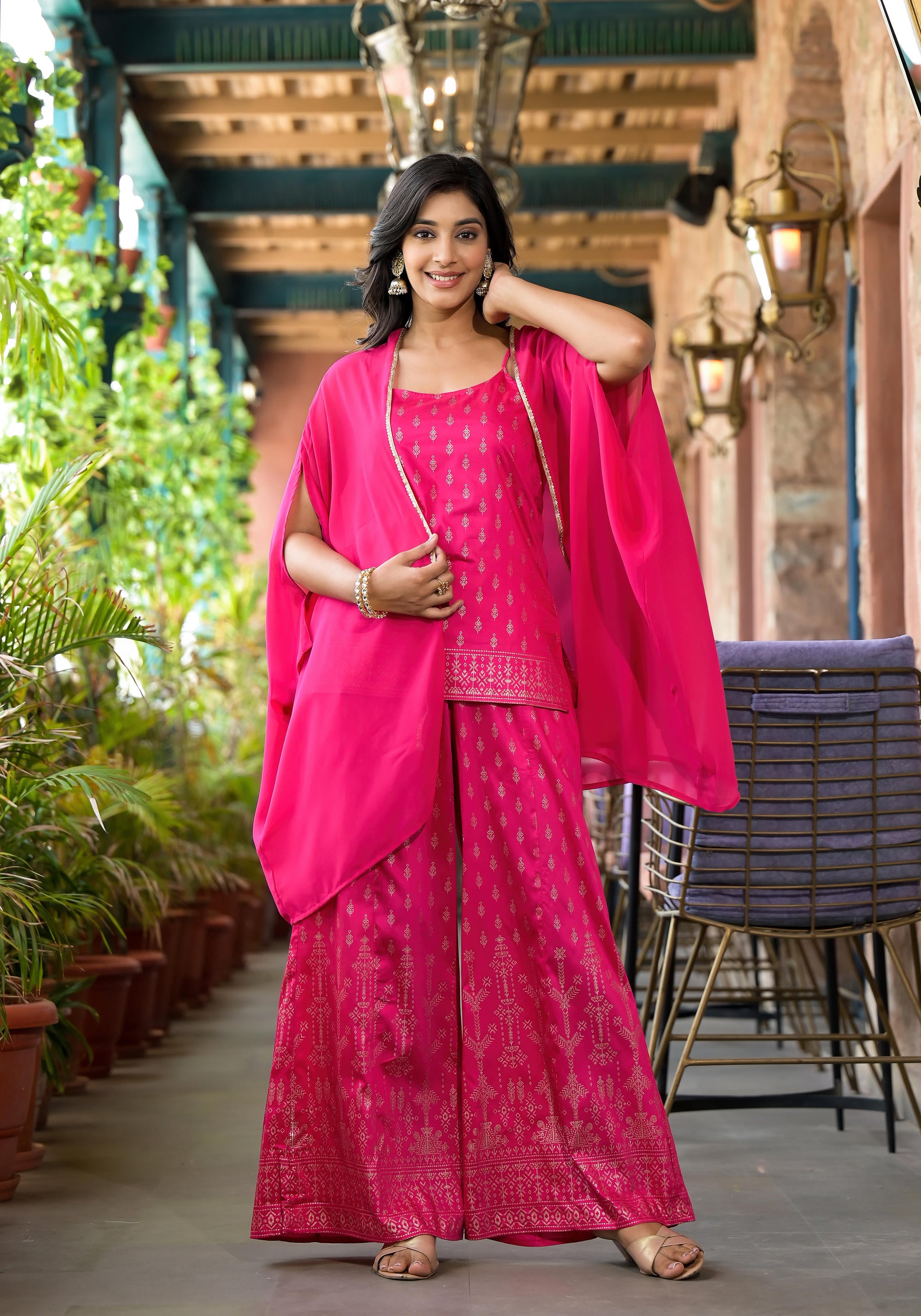 Fuchsia Ethnic Motif Printed Georgette Shrug Inner & Pant Set With Sequins