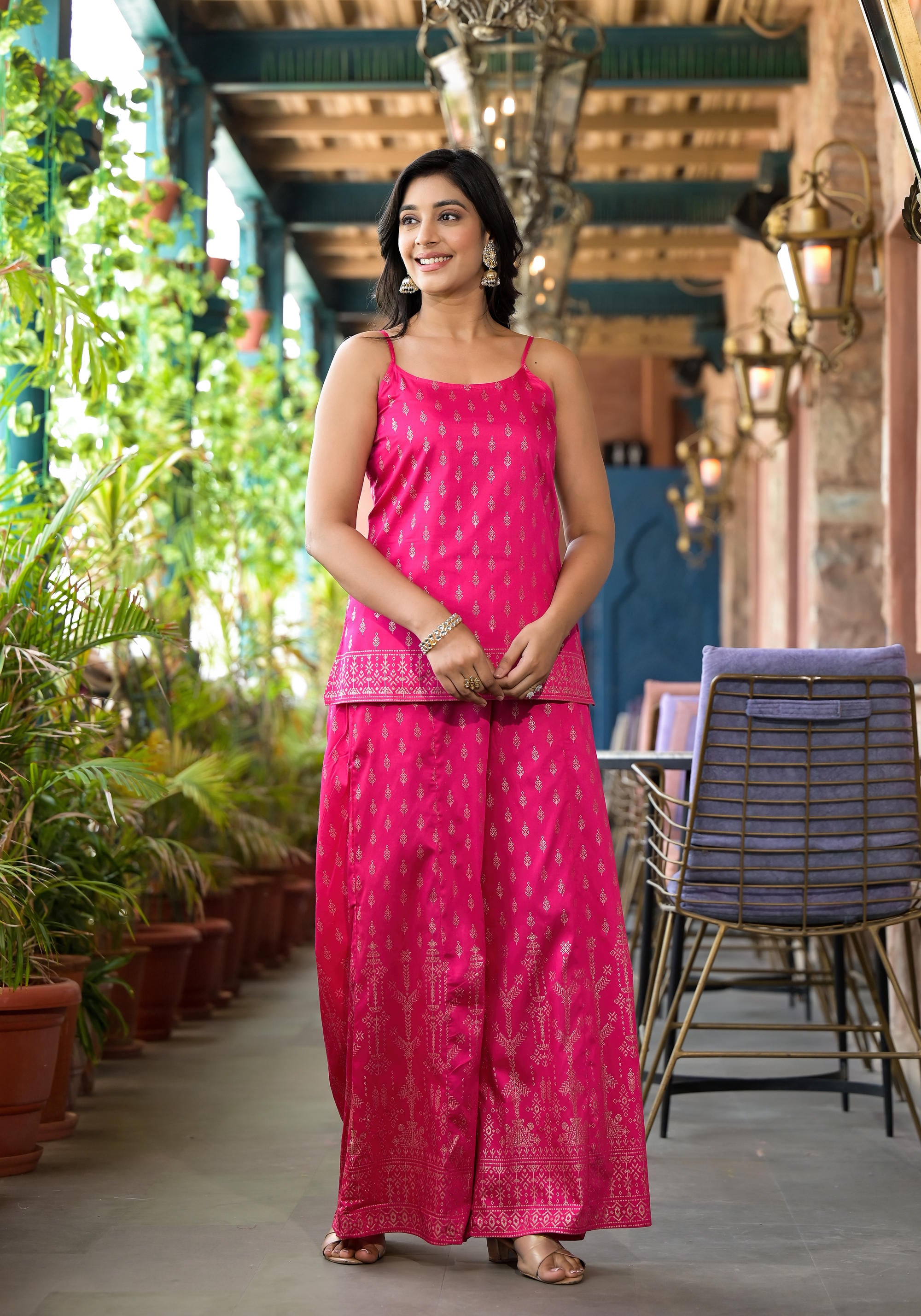 Fuchsia Ethnic Motif Printed Georgette Shrug Inner & Pant Set With Sequins