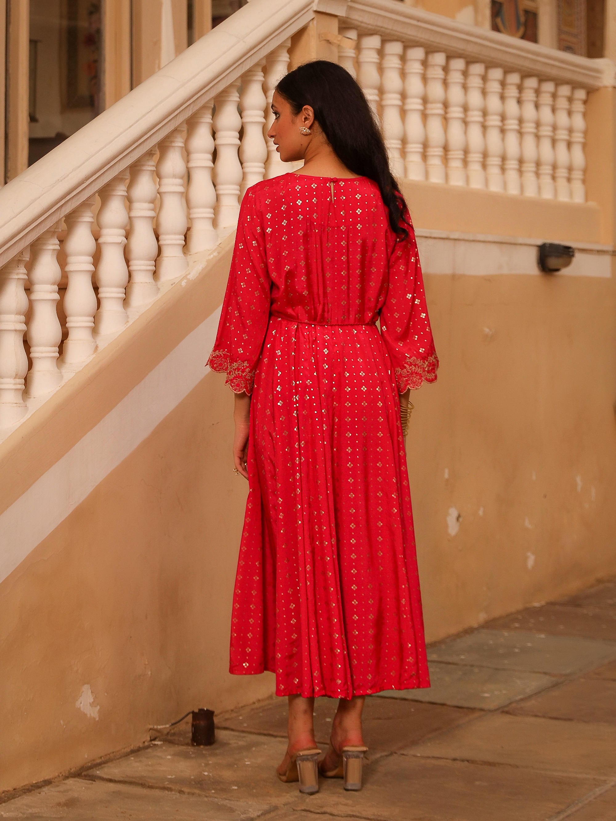 The Swarn Fuchsia Ethnic Motif Printed Viscose Dress With Dori & Zari Work