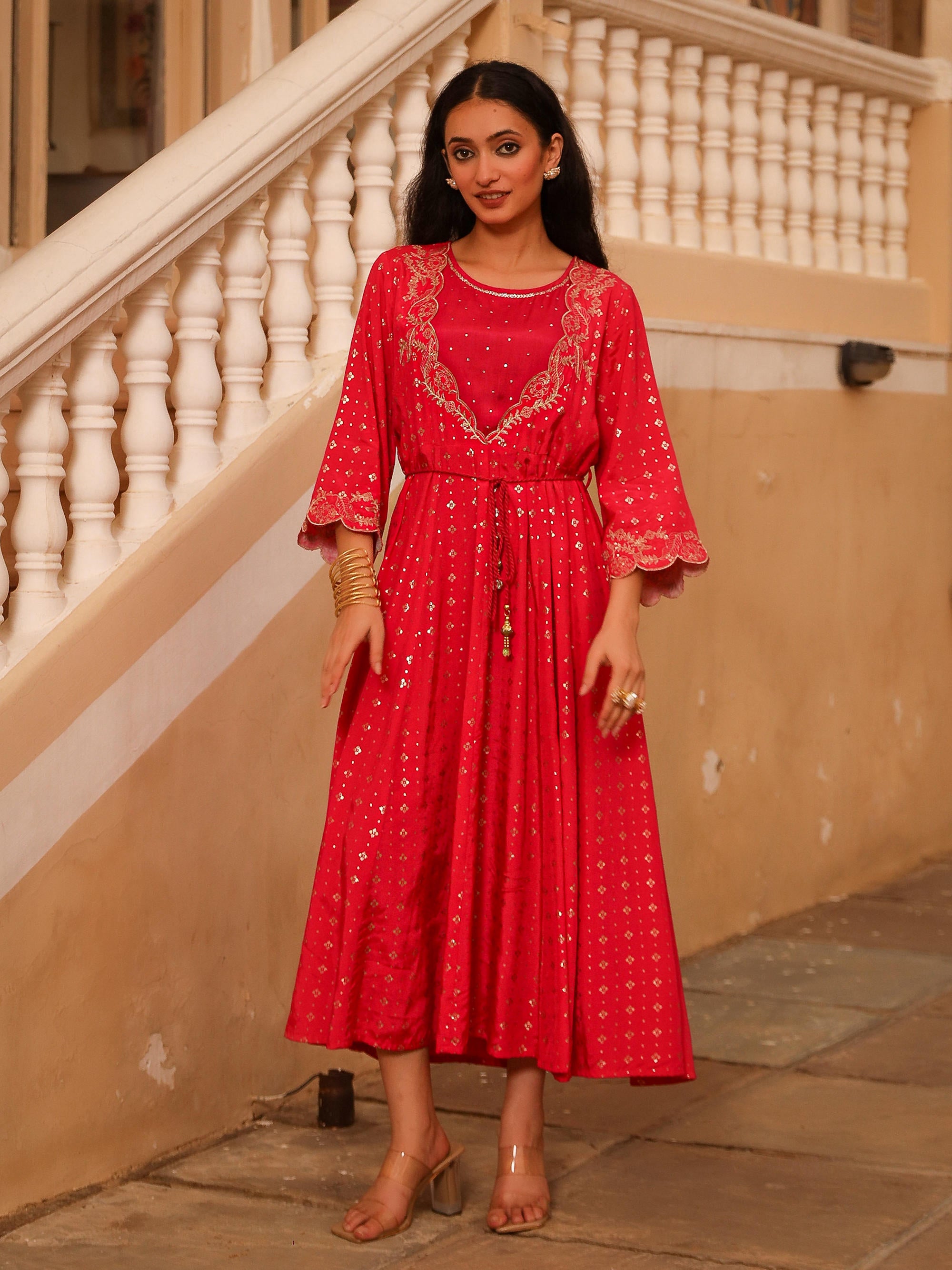 The Swarn Fuchsia Ethnic Motif Printed Viscose Dress With Dori & Zari Work