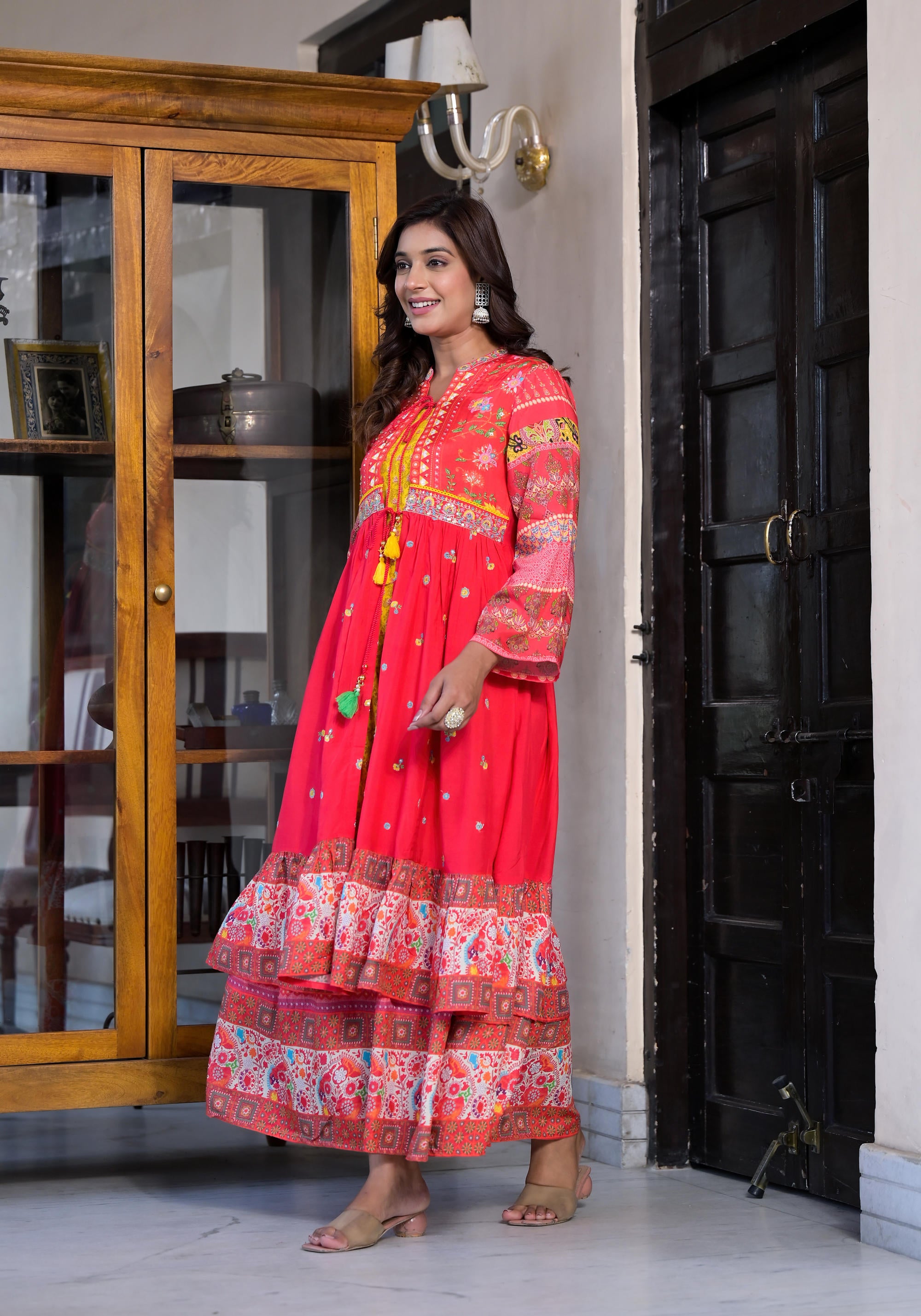 Red Floral Printed Muslin Maxi Dress With Sequins &Mirror Work And Doris