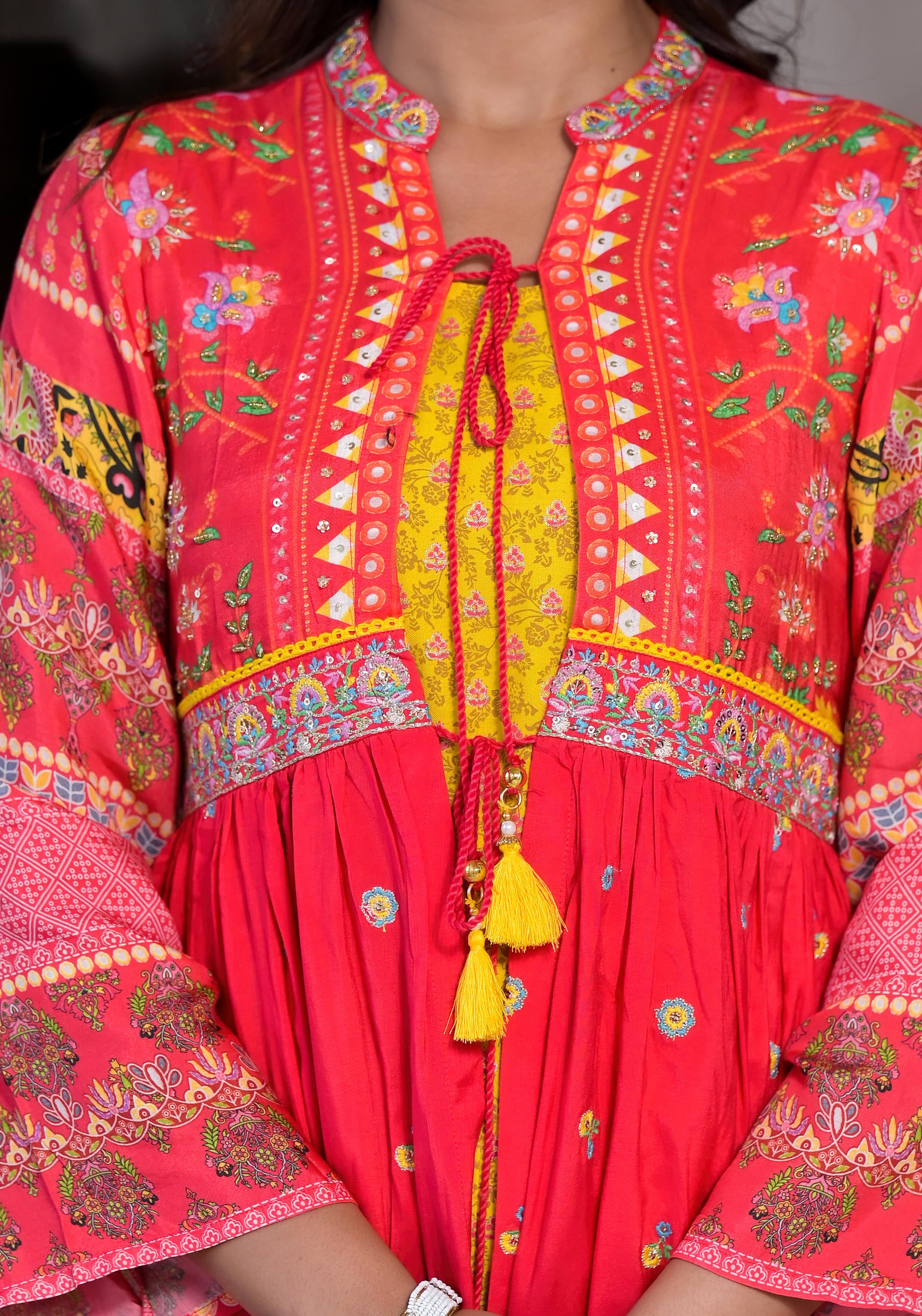 Red Floral Printed Muslin Maxi Dress With Sequins &Mirror Work And Doris