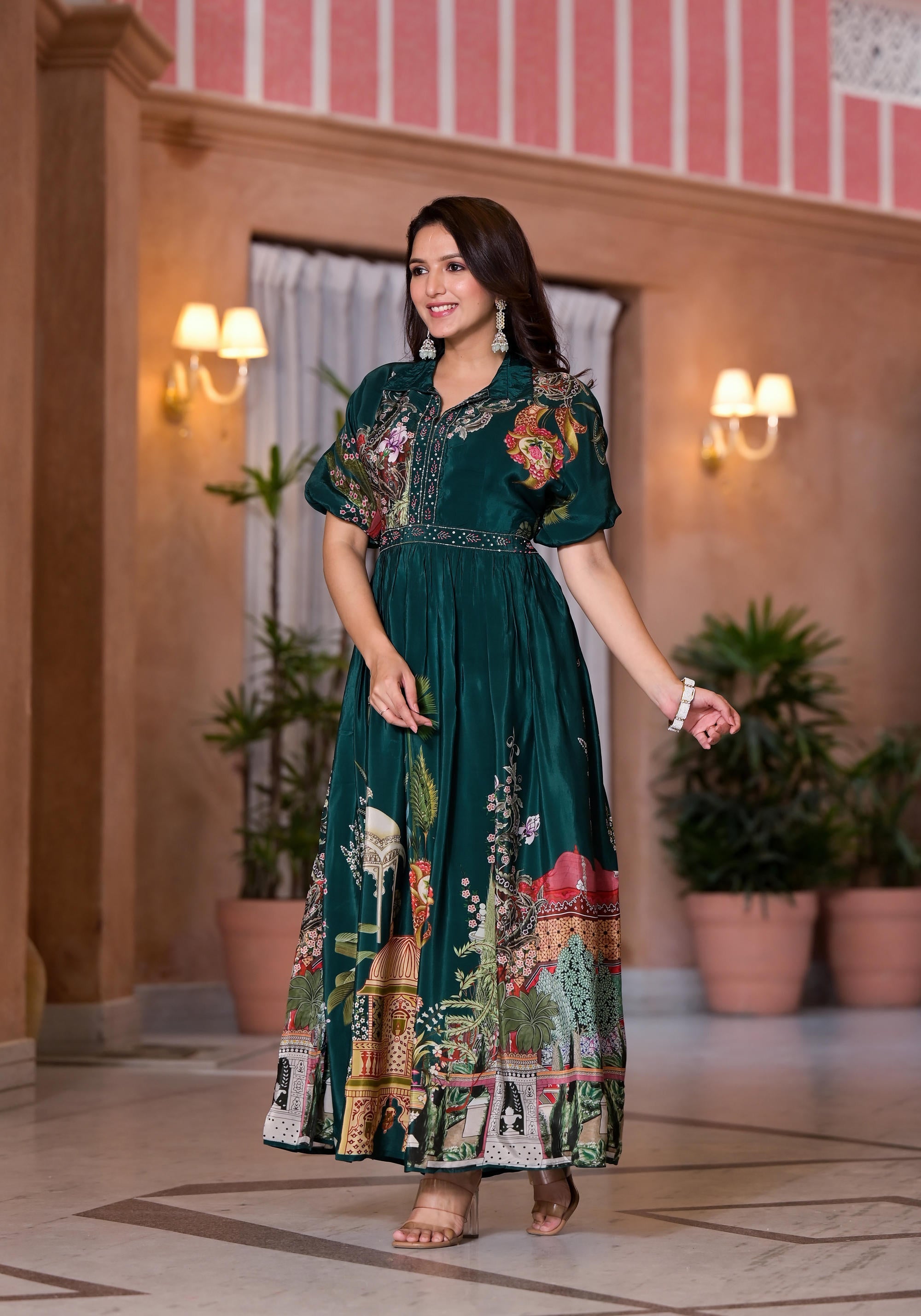 Green Crepe Abstract Dress | Beads Work & Sequins | Juniper Fashion Green Crepe Abstract Dress | Beads Work & Sequins | Juniper Fashion