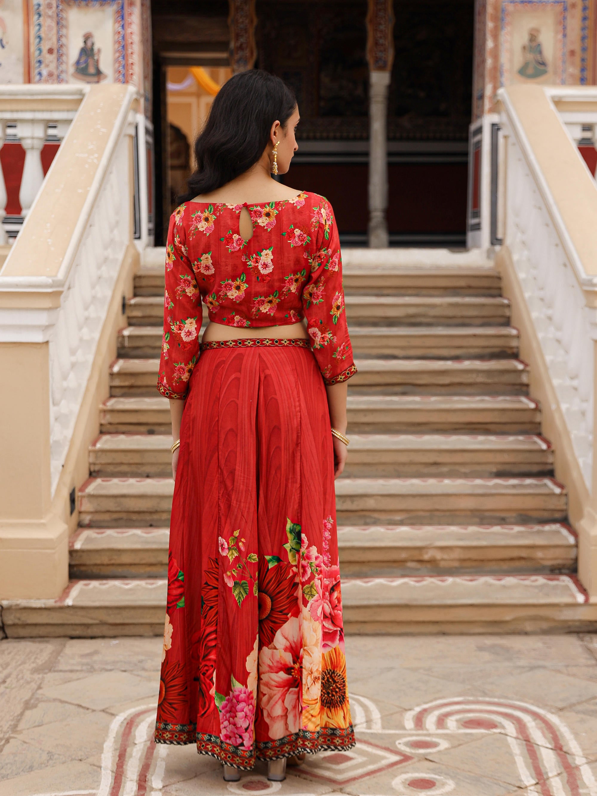 The Adah Rust Floral Printed Viscose Top & Skirt Set With Sequins & Thread Work