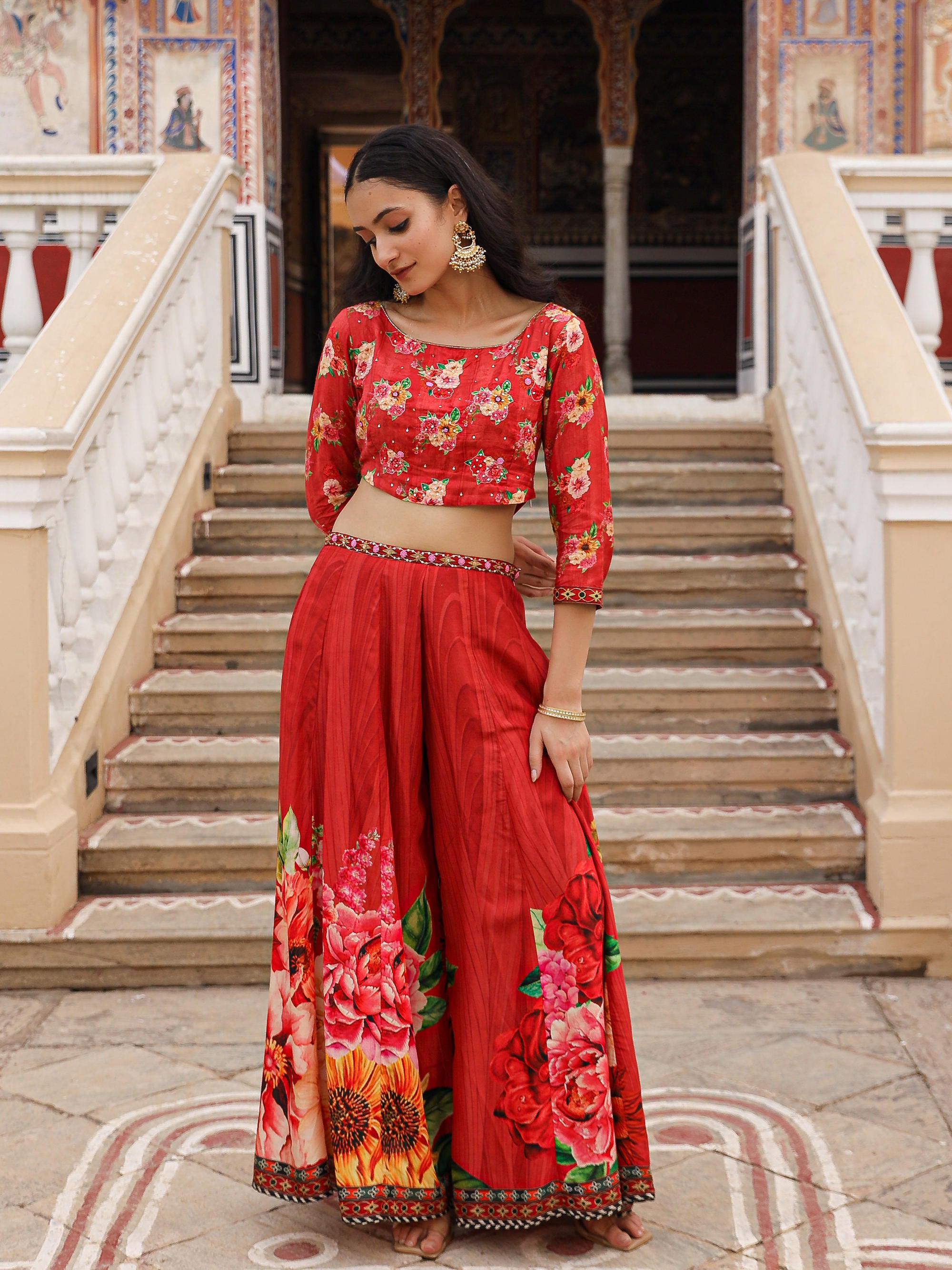 The Adah Rust Floral Printed Viscose Top & Skirt Set With Sequins & Thread Work