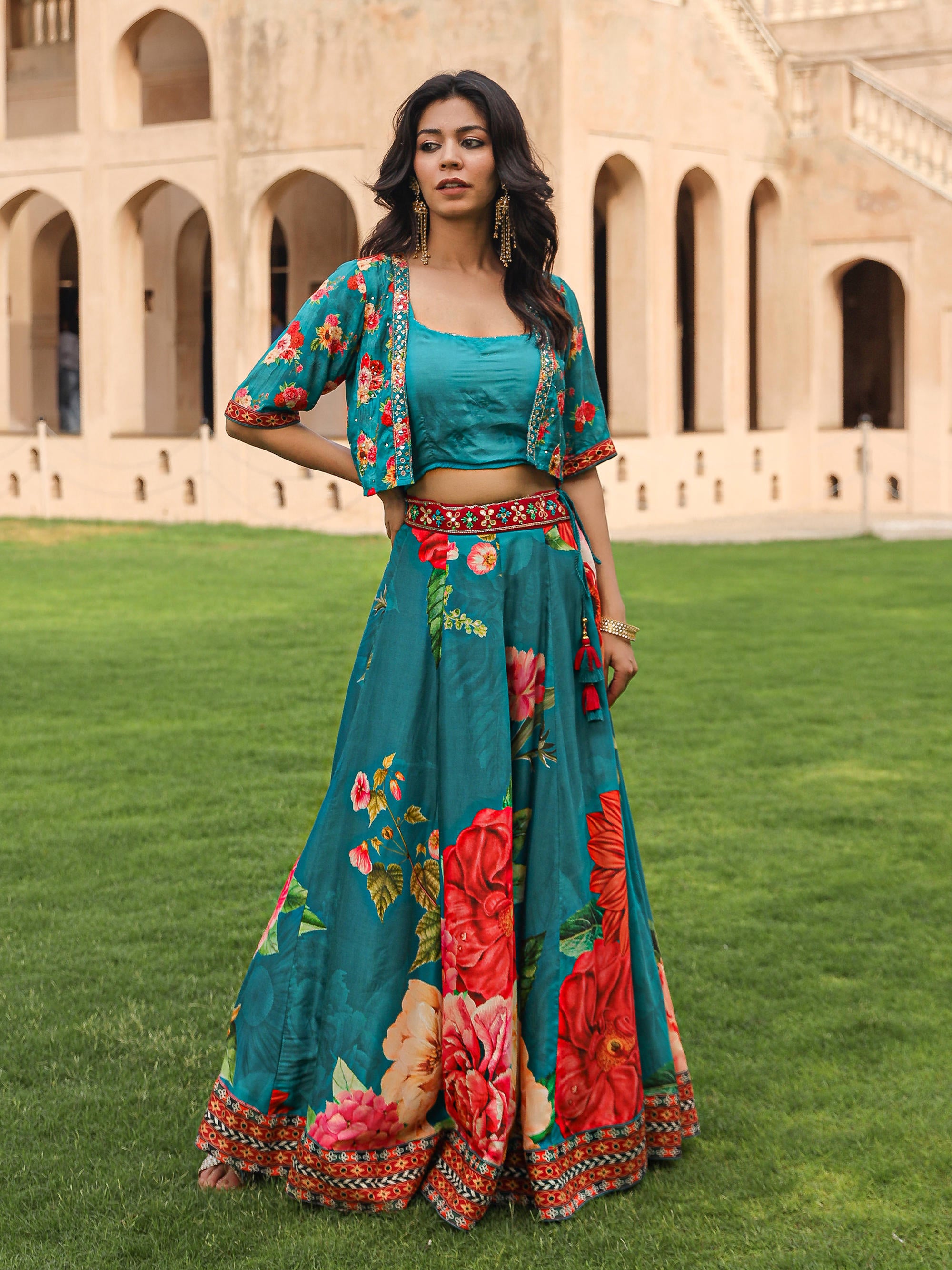 Teal Floral Printed Viscose Top, Shrug & Skirt Set With Sequins Zari & Mirror Work