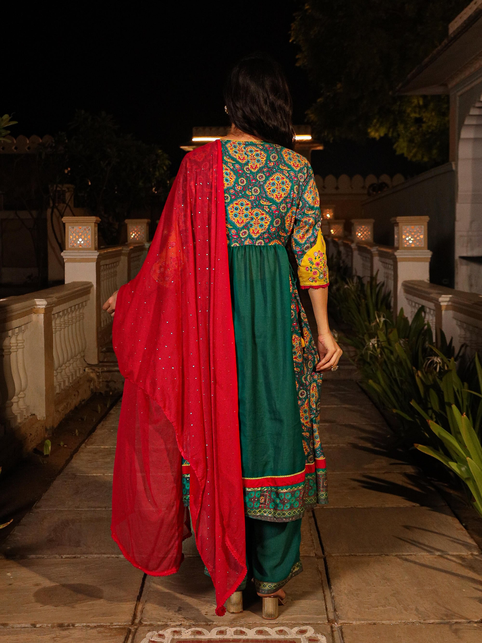 The Mastani Teal Ethnic Motif Printed Viscose Kurta Pant And Dupatta With Sequins & Thread Work