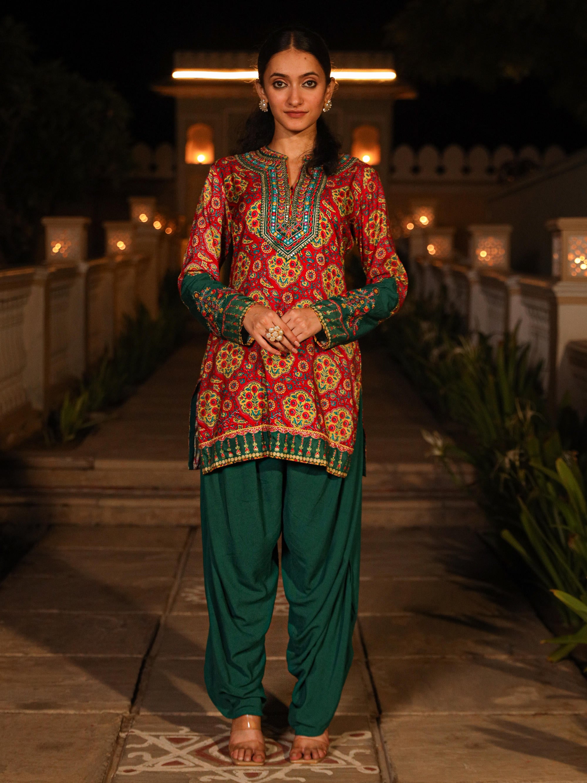 The Mastani Multi Color Ethnic Motif Printed Viscose Lacy Tunic & Pant Set With Sequins & Mirror Work