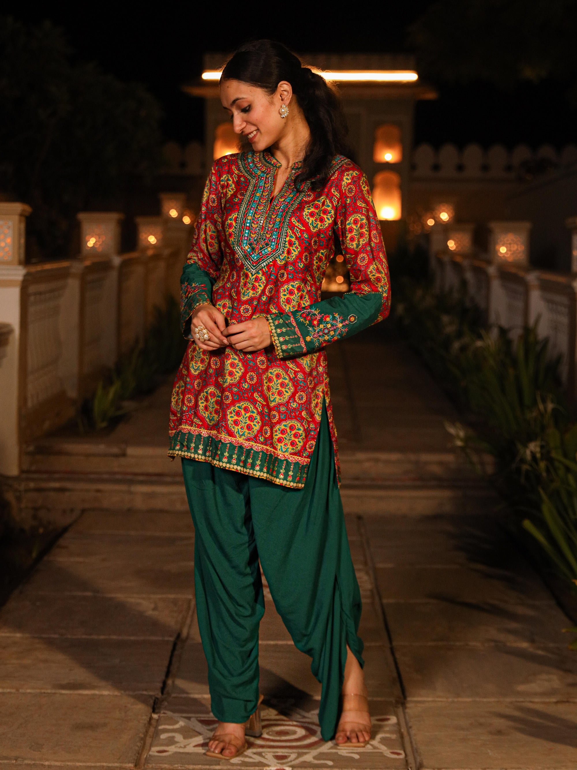 The Mastani Multi Color Ethnic Motif Printed Viscose Lacy Tunic & Pant Set With Sequins & Mirror Work