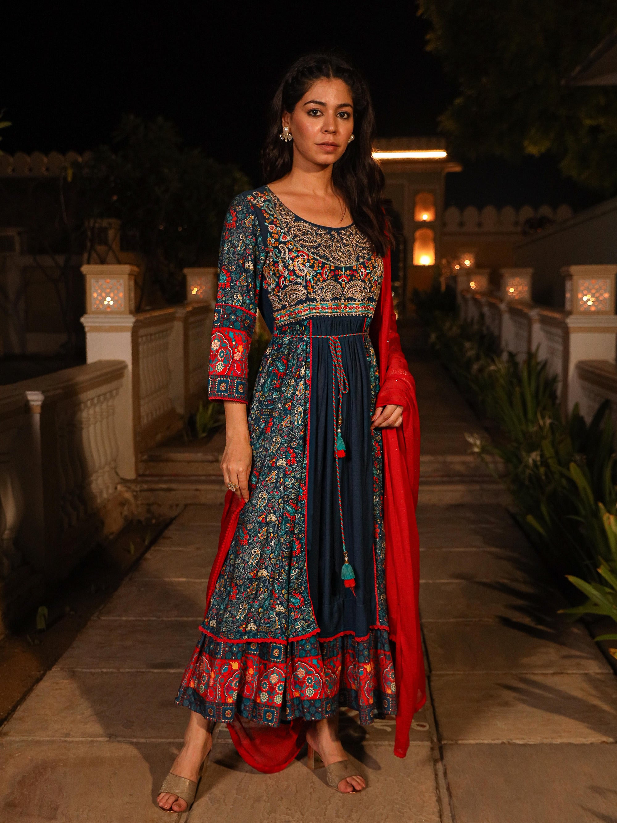 The Mastani Blue Ethnic Motif Printed Viscose Kurta Palazzo And Dupatta With Doris & Thread Work