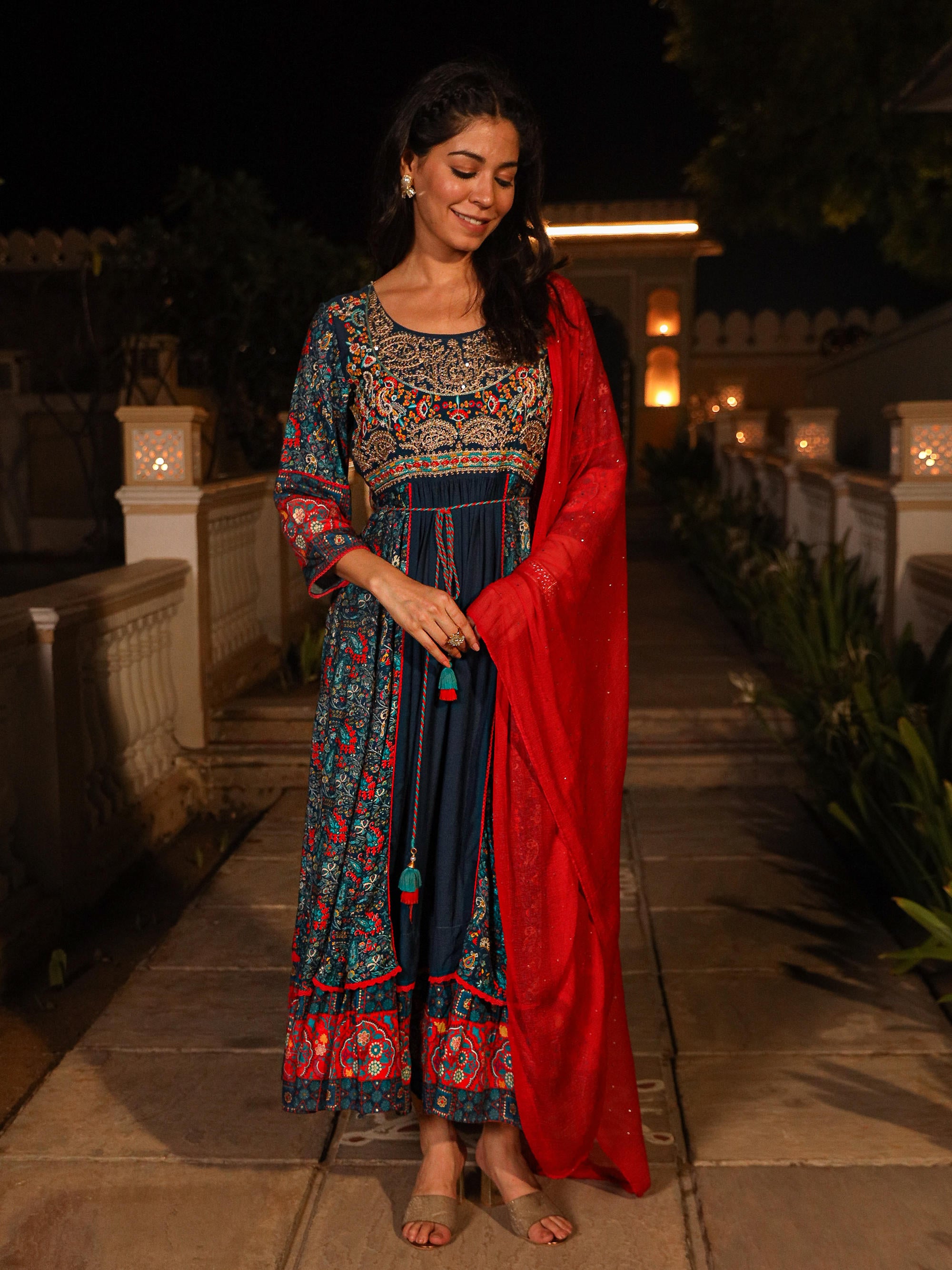 The Mastani Blue Ethnic Motif Printed Viscose Kurta Palazzo And Dupatta With Doris & Thread Work