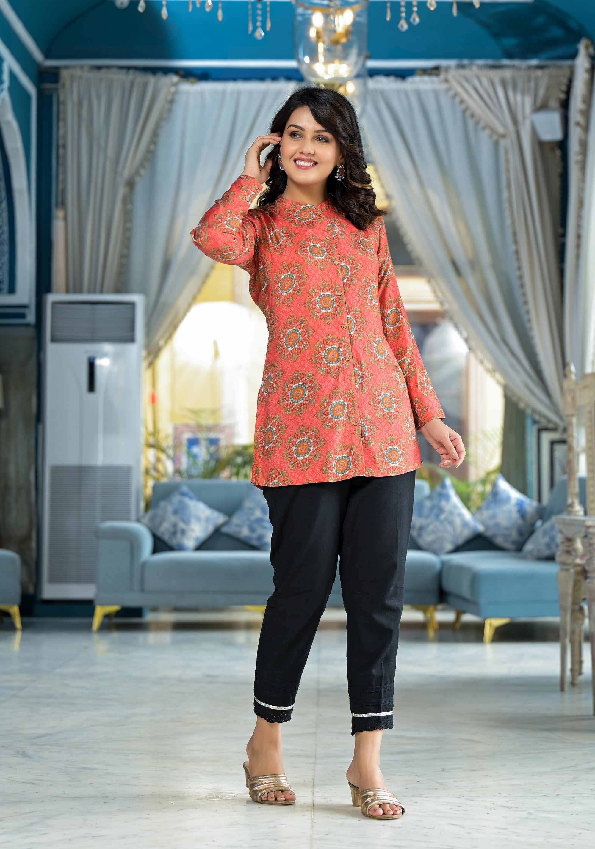 Orange Ethnic Motif Printed Viscose Tunic With Buttons Detailing