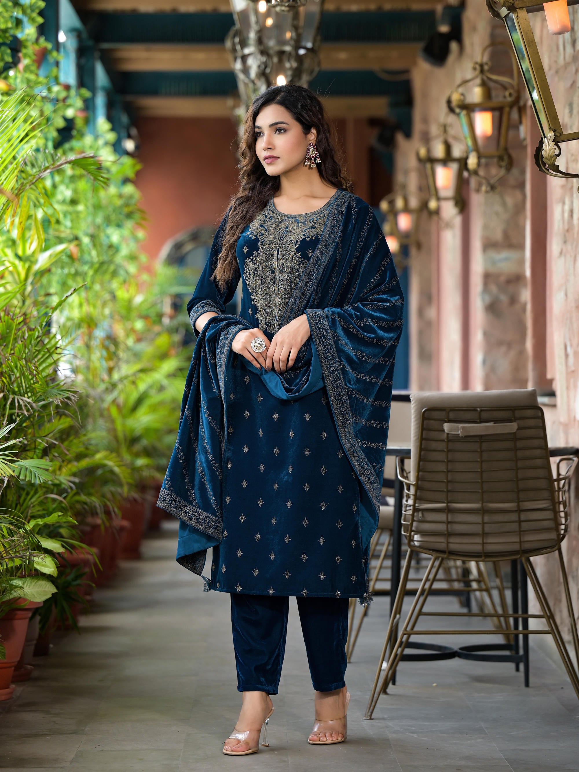 Blue Ethnic Motif Printed Velvet Kurta Set With Tassels