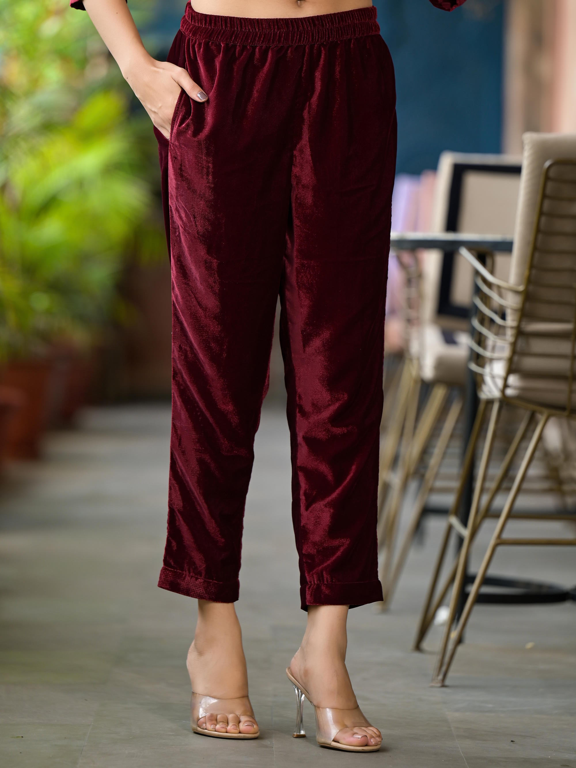 Maroon Ethnic Motif Printed Velvet Kurta Set With Tassels