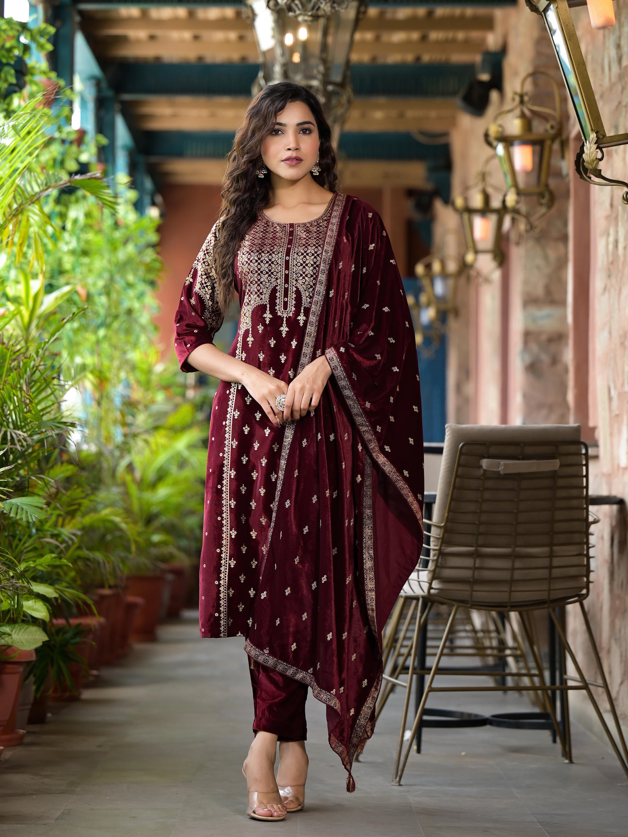 Maroon Ethnic Motif Printed Velvet Kurta Set With Tassels