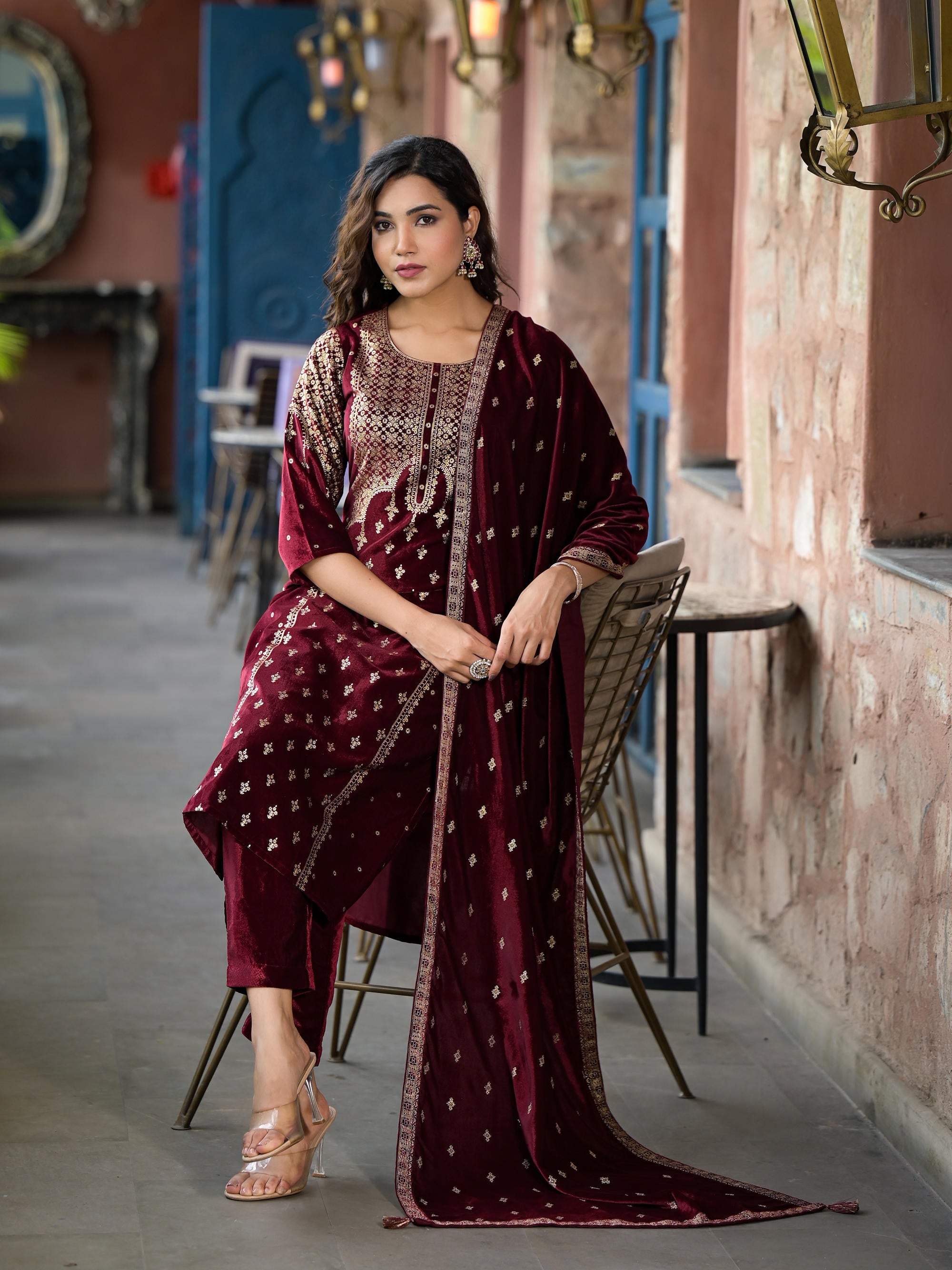 Maroon Ethnic Motif Printed Velvet Kurta Set With Tassels