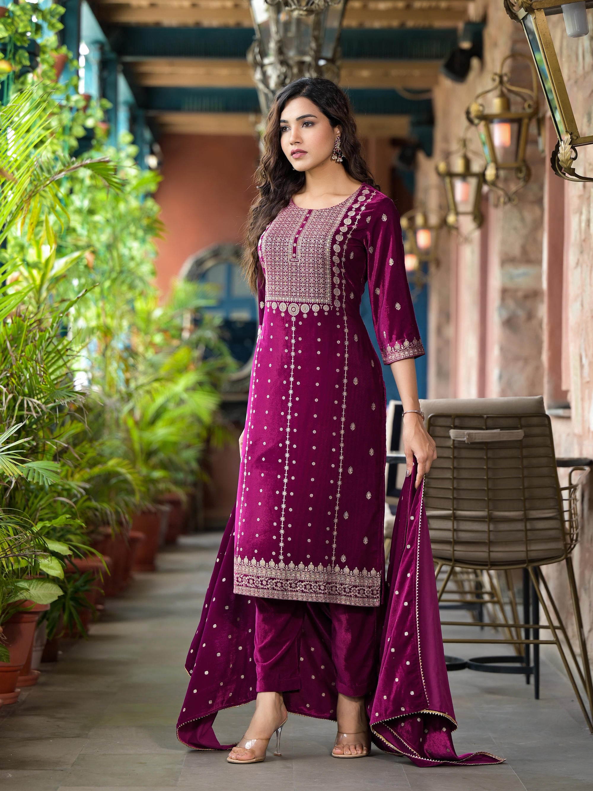 Wine Ethnic Motif Printed Velvet Kurta Set With Lace