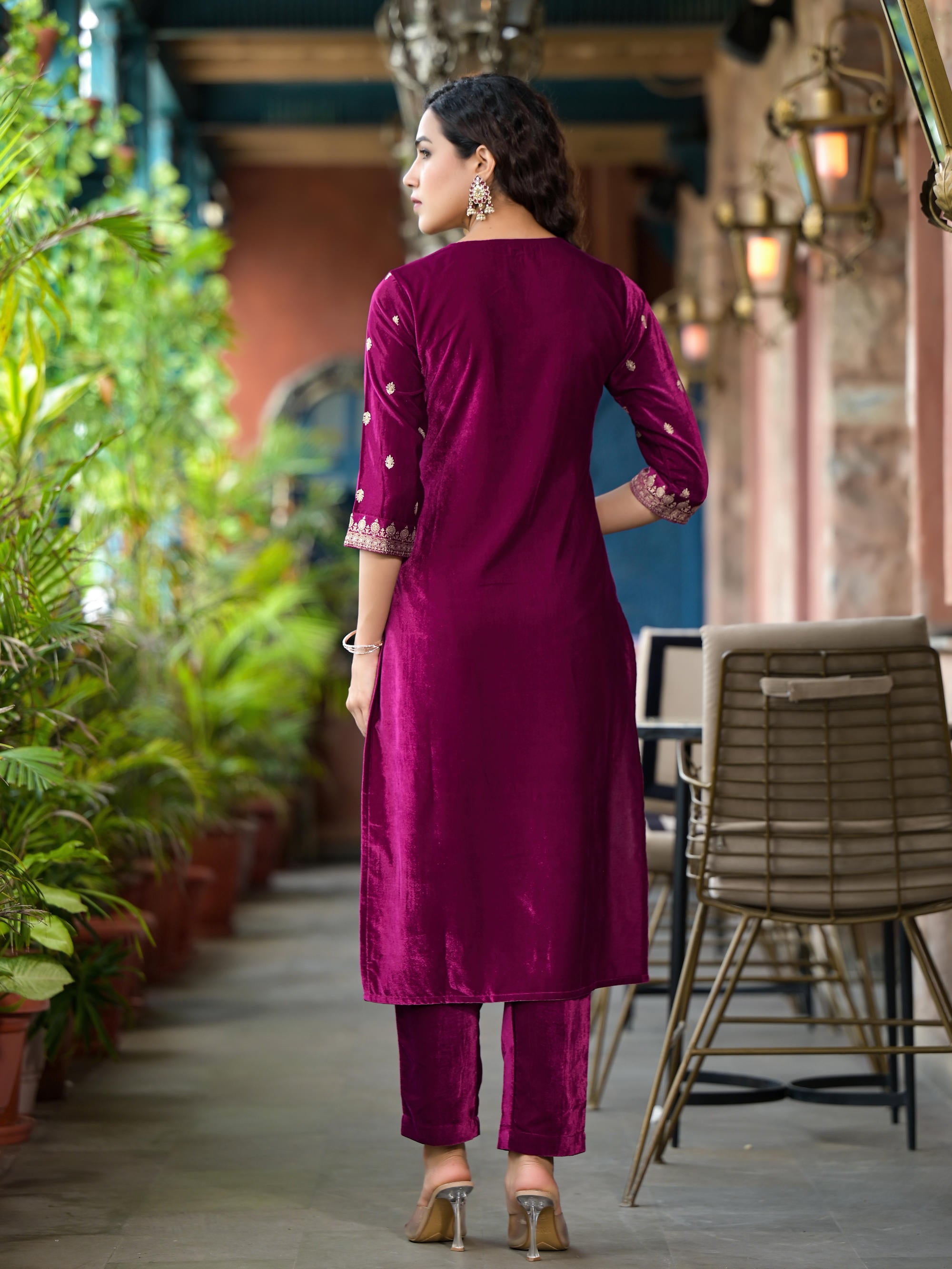 Wine Ethnic Motif Printed Velvet Kurta Set With Lace