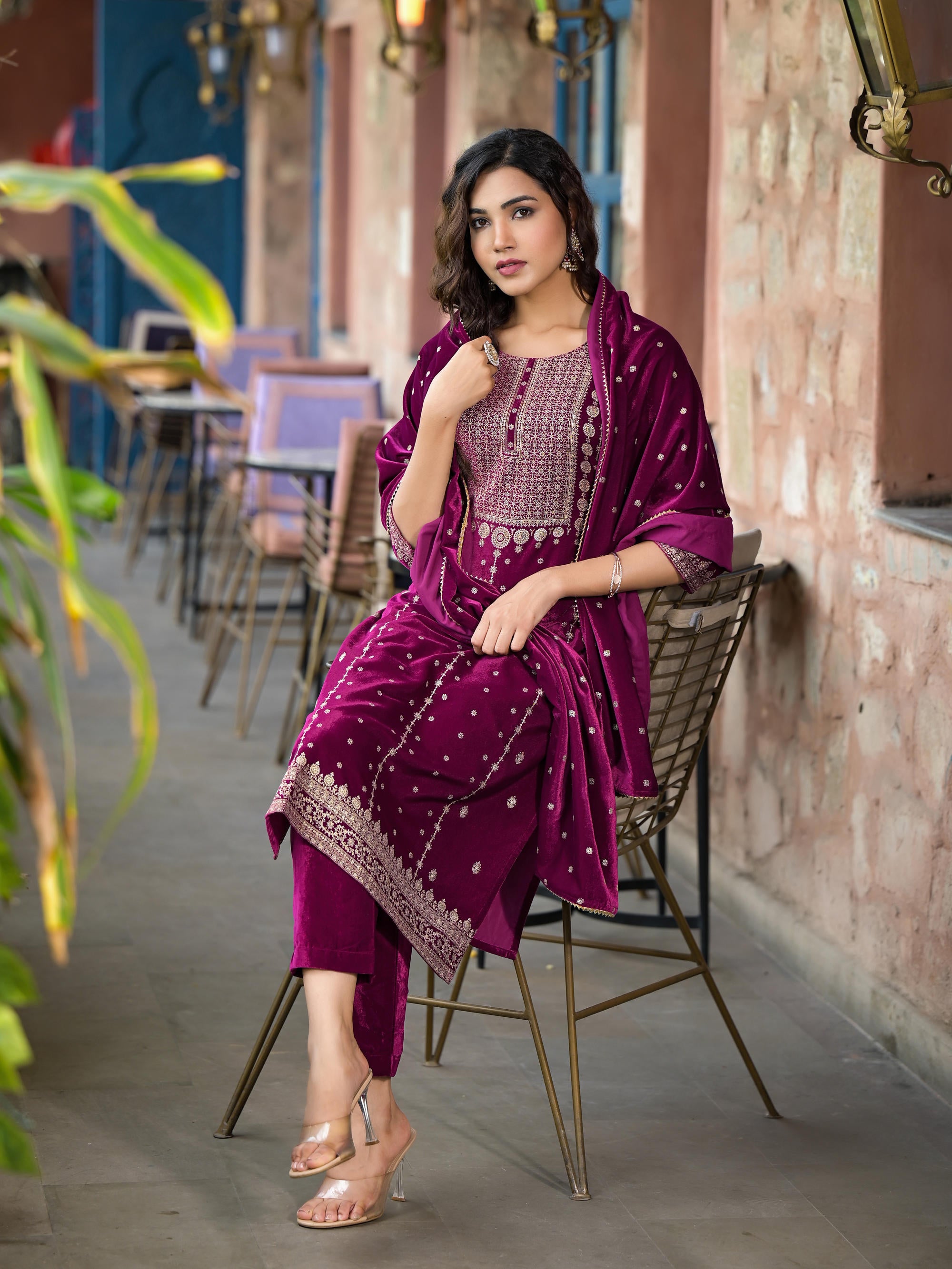 Wine Ethnic Motif Printed Velvet Kurta Set With Lace