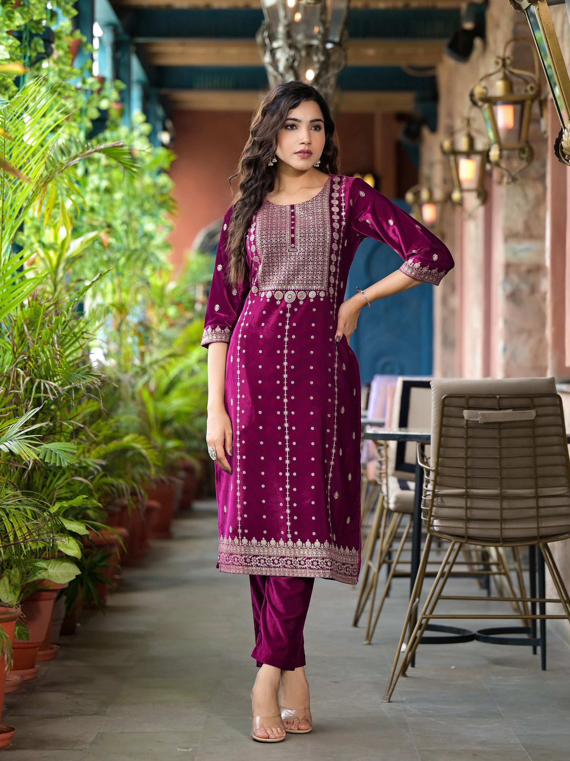 Wine Ethnic Motif Printed Velvet Kurta Set With Lace