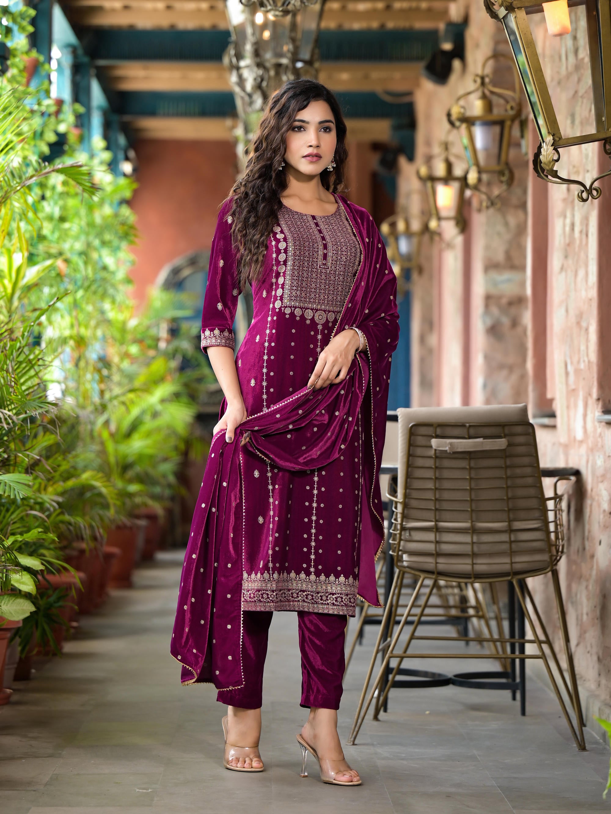 Wine Ethnic Motif Printed Velvet Kurta Set With Lace