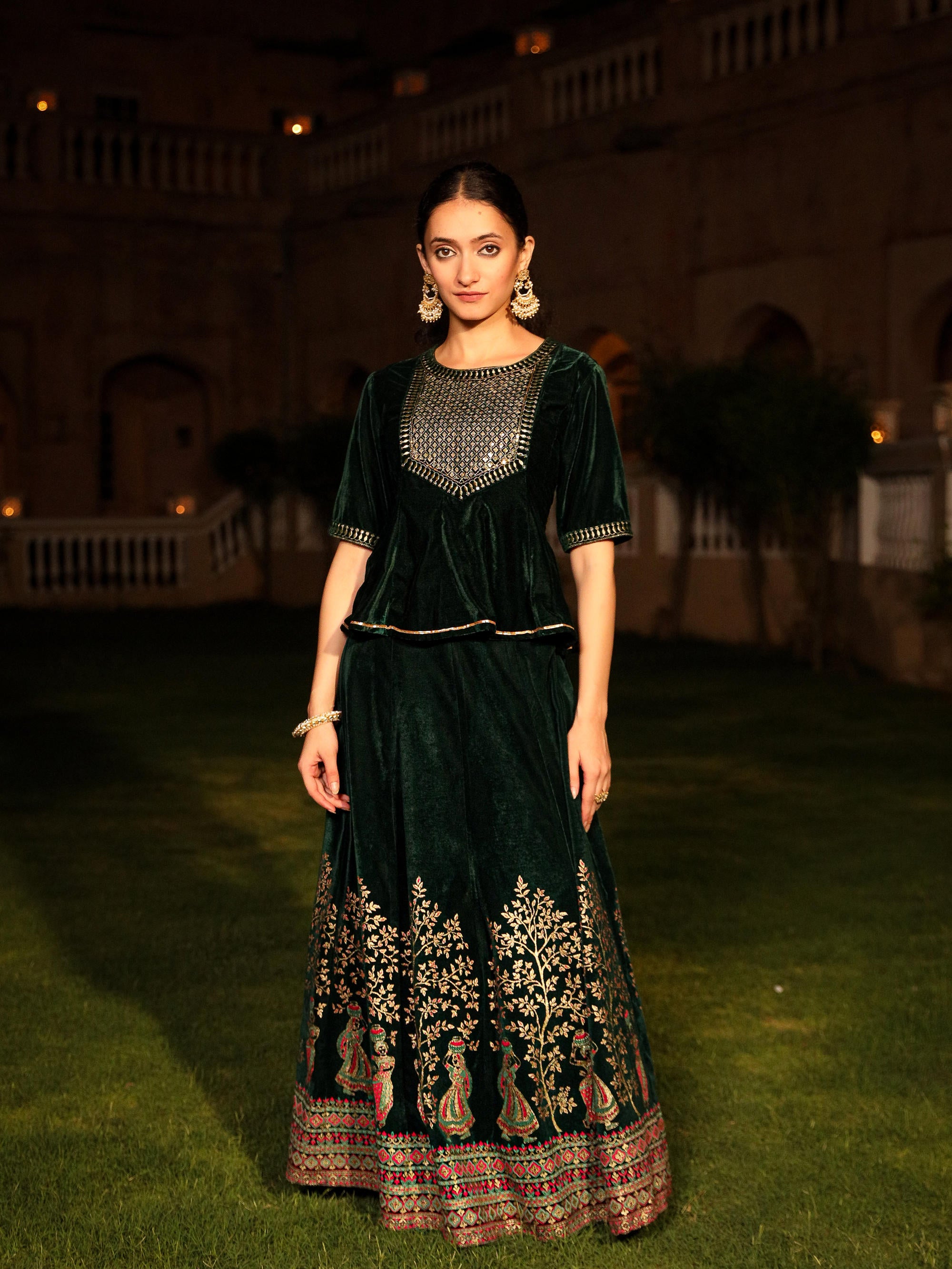 Green Zari Embroidered Velvet Top & Skirt Set With Sequins & Lace