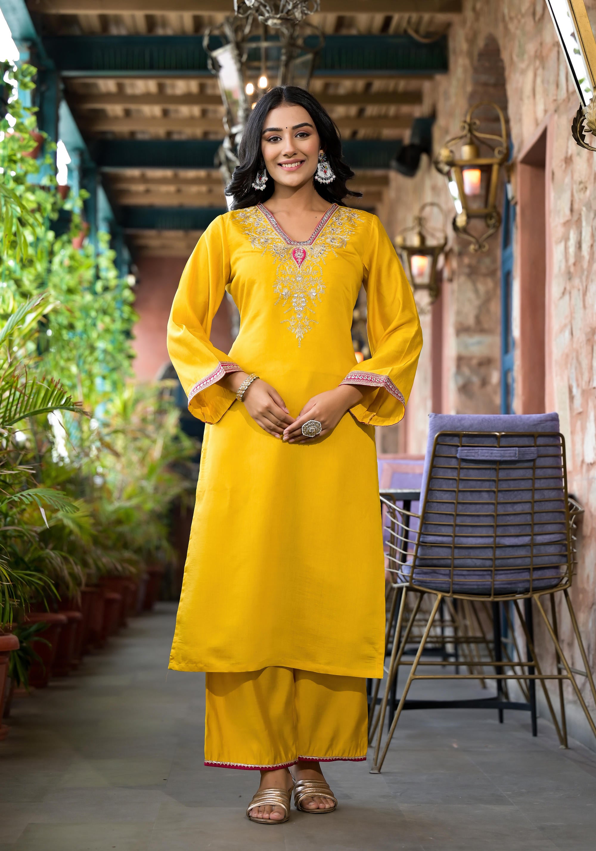 Mustard Zari Embroidered Viscose Kurta Pant And Dupatta Set With Mirror Work