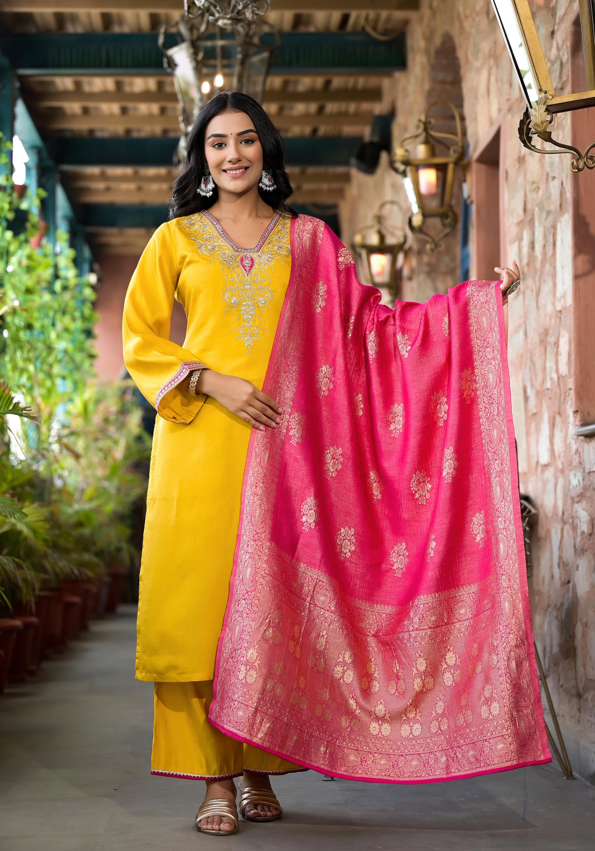 Mustard Zari Embroidered Viscose Kurta Pant And Dupatta Set With Mirror Work