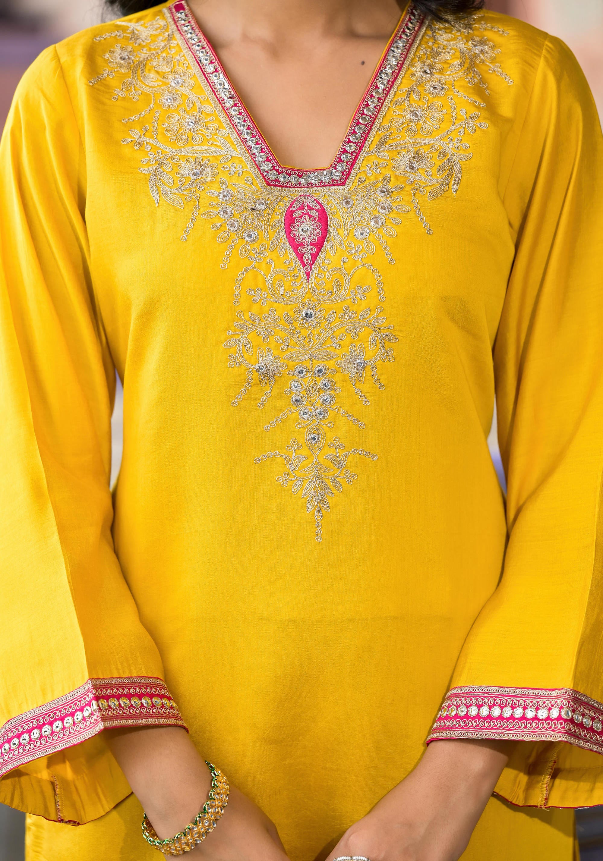 Mustard Zari Embroidered Viscose Kurta Pant And Dupatta Set With Mirror Work