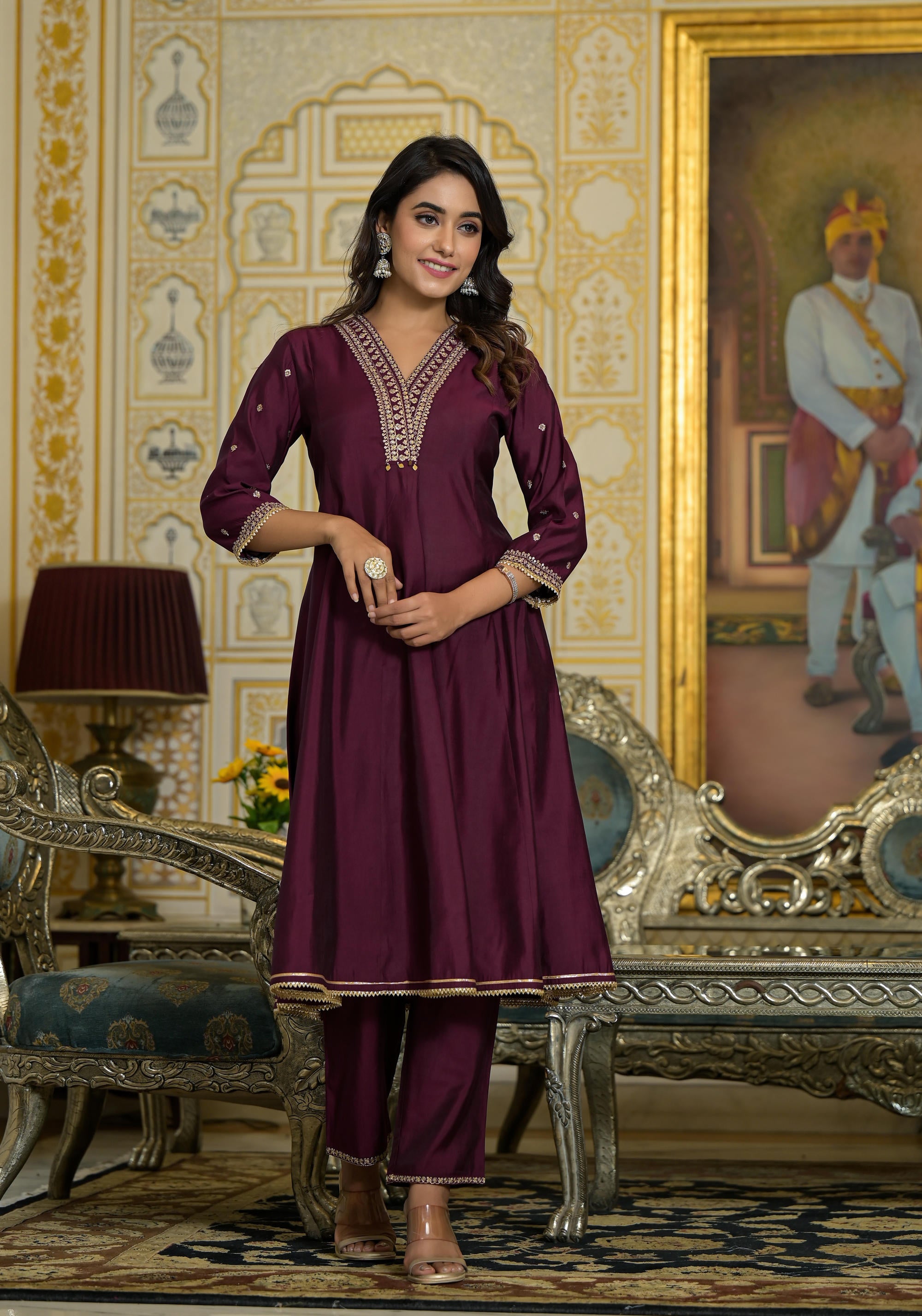 Wine Zari Embroidered Viscose Kurta Pant And Dupatta Set With Sequins & Lace