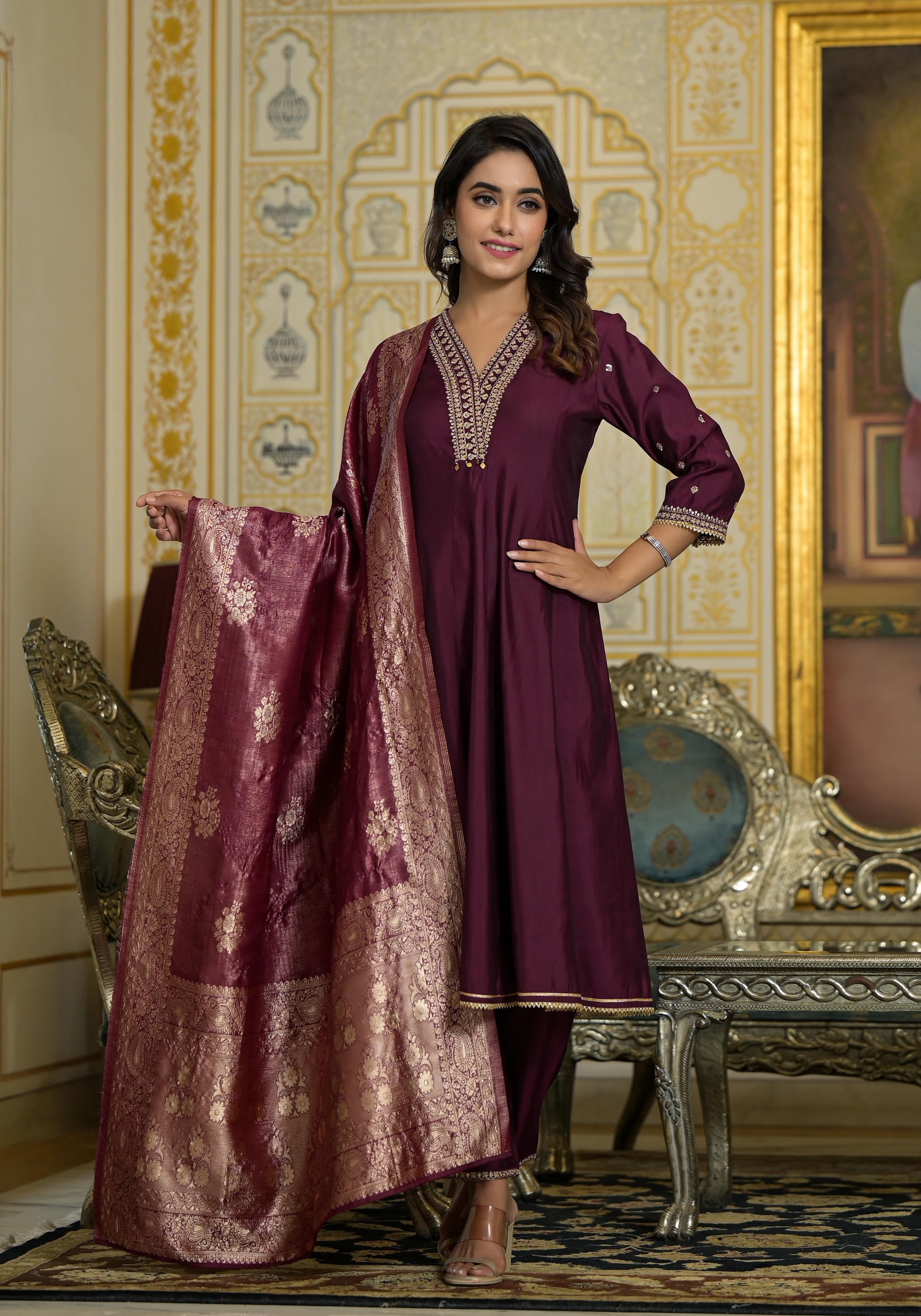 Wine Zari Embroidered Viscose Kurta Pant And Dupatta Set With Sequins & Lace