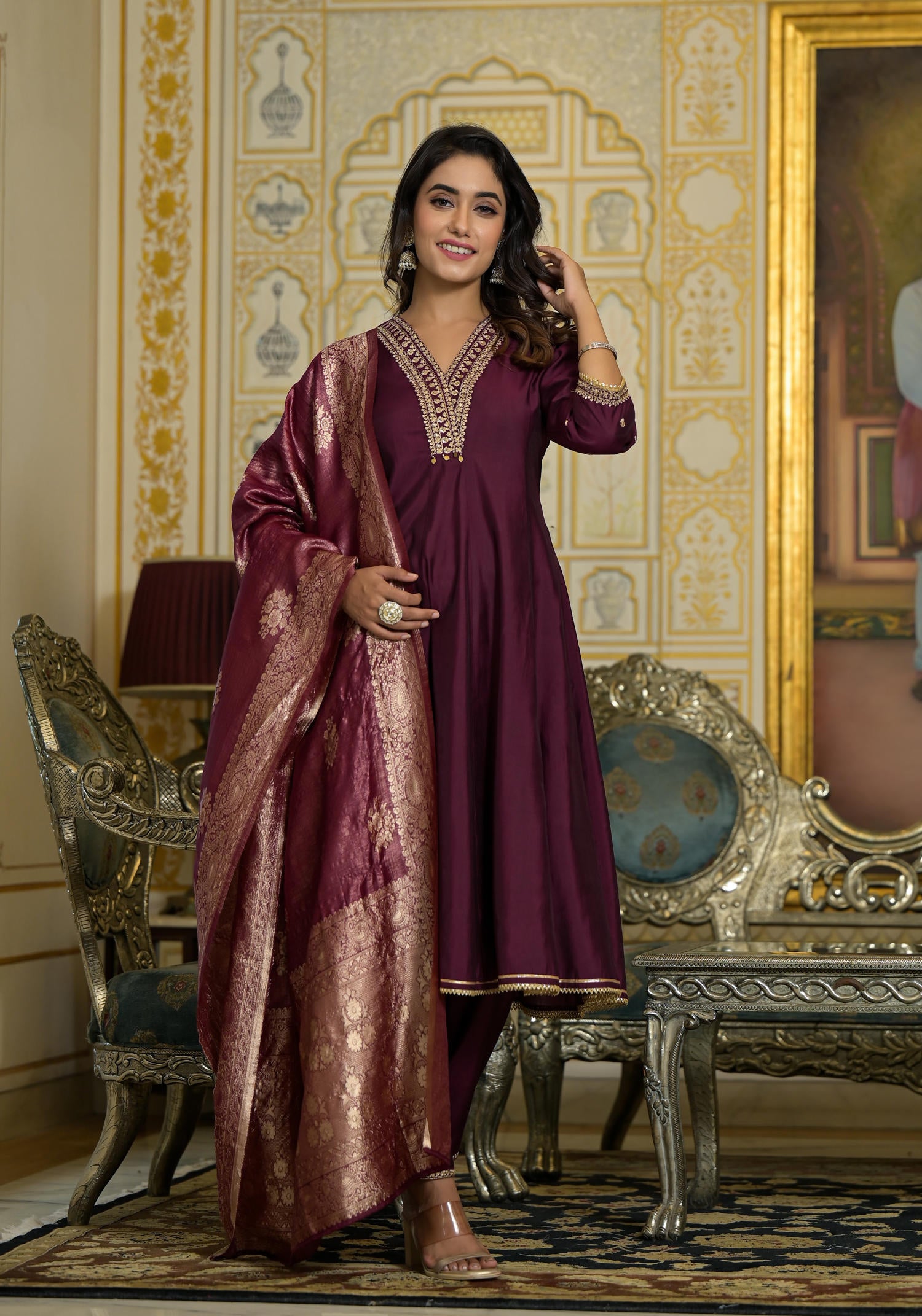 Wine Zari Embroidered Viscose Kurta Pant And Dupatta Set With Sequins & Lace