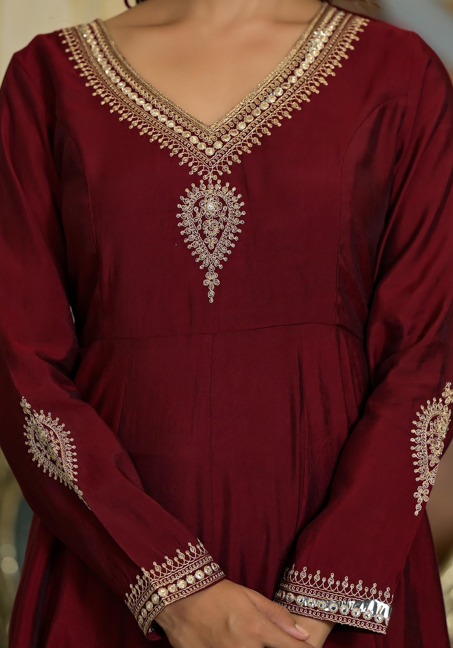 Maroon Zari Embroidered Viscose Kurta Pant And Dupatta Set With Sequins & Lace