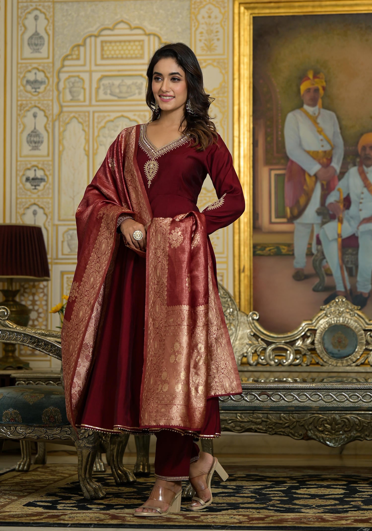 Maroon Zari Embroidered Viscose Kurta Pant And Dupatta Set With Sequins & Lace