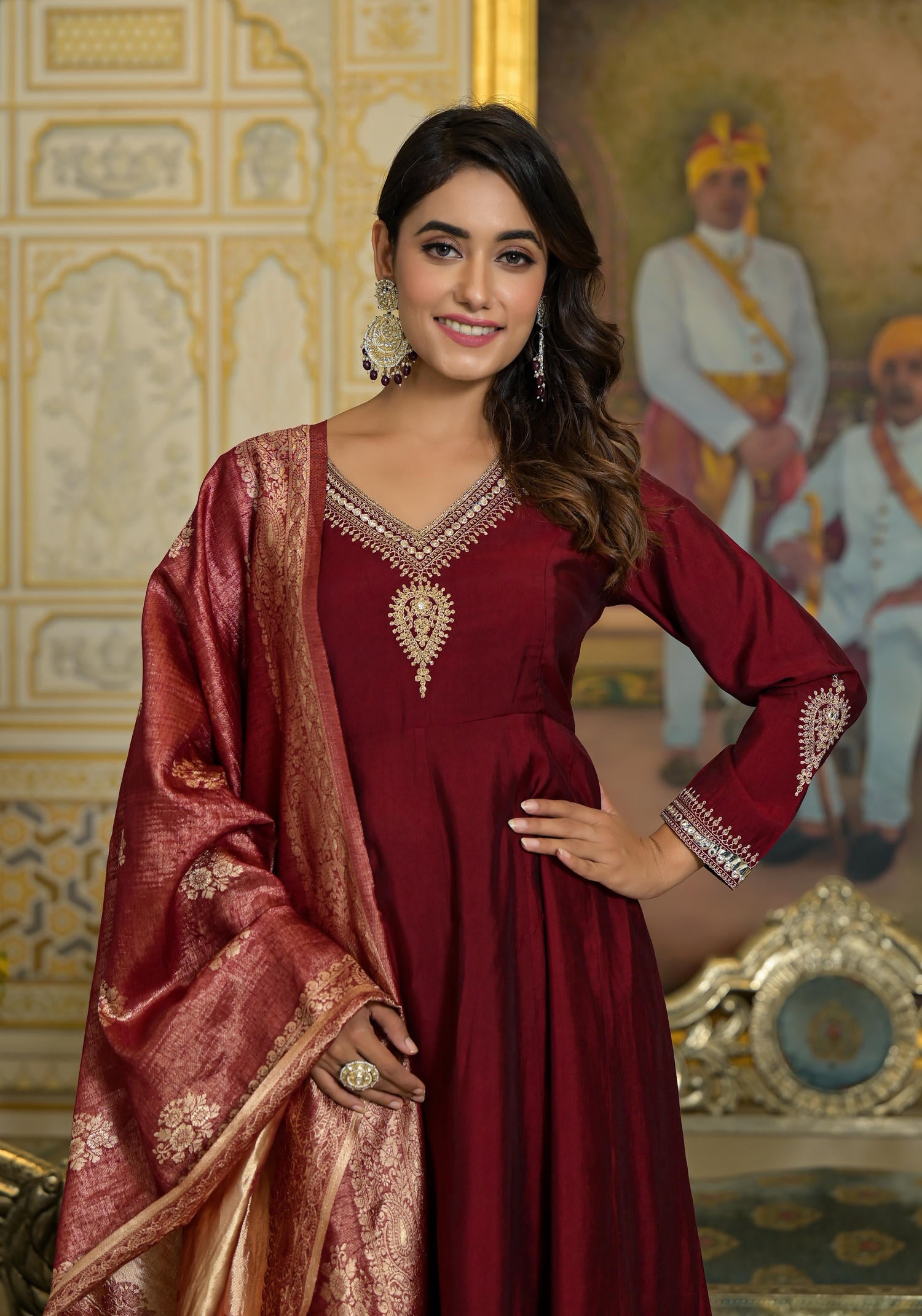 Maroon Zari Embroidered Viscose Kurta Pant And Dupatta Set With Sequins & Lace