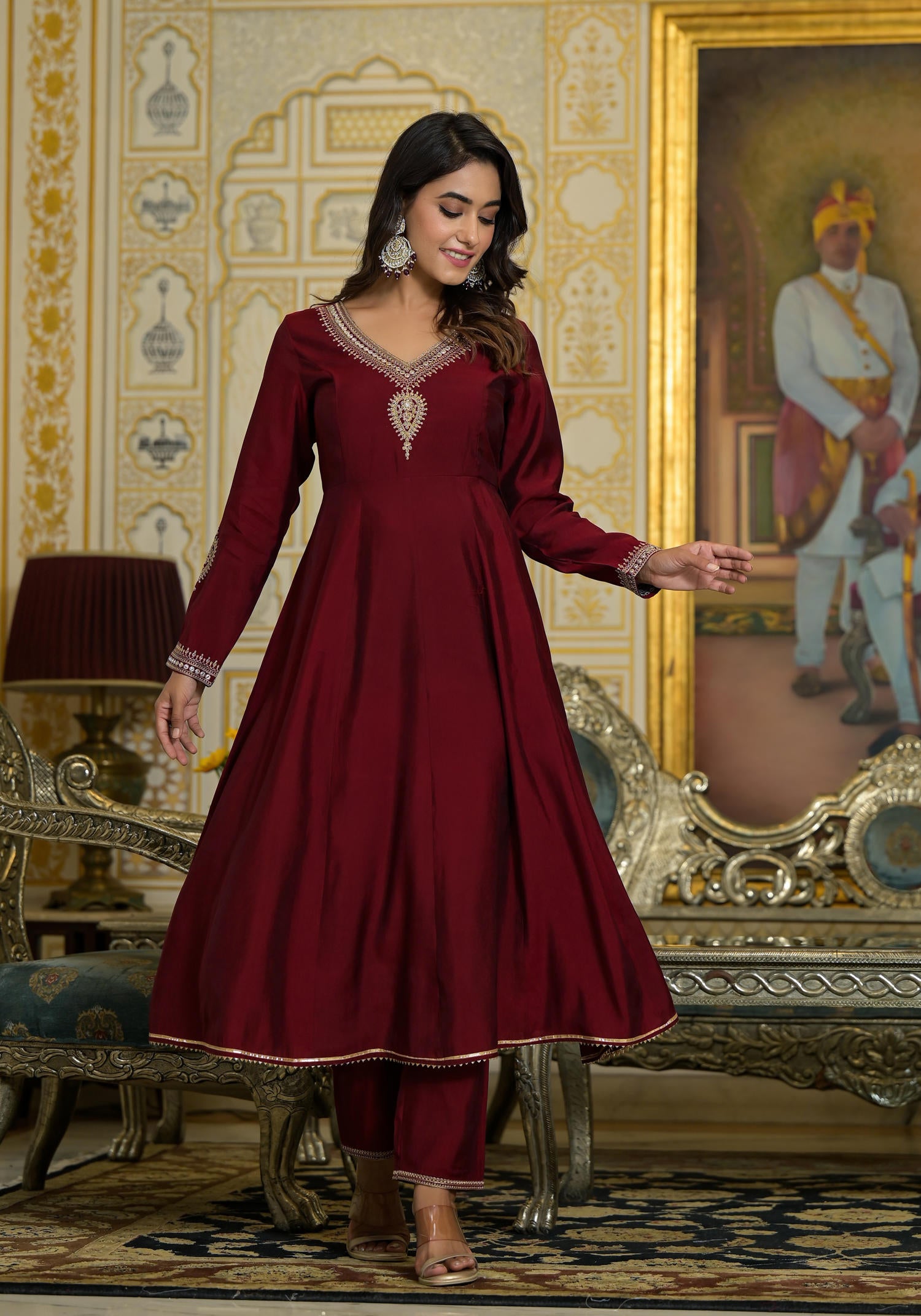 Maroon Zari Embroidered Viscose Kurta Pant And Dupatta Set With Sequins & Lace