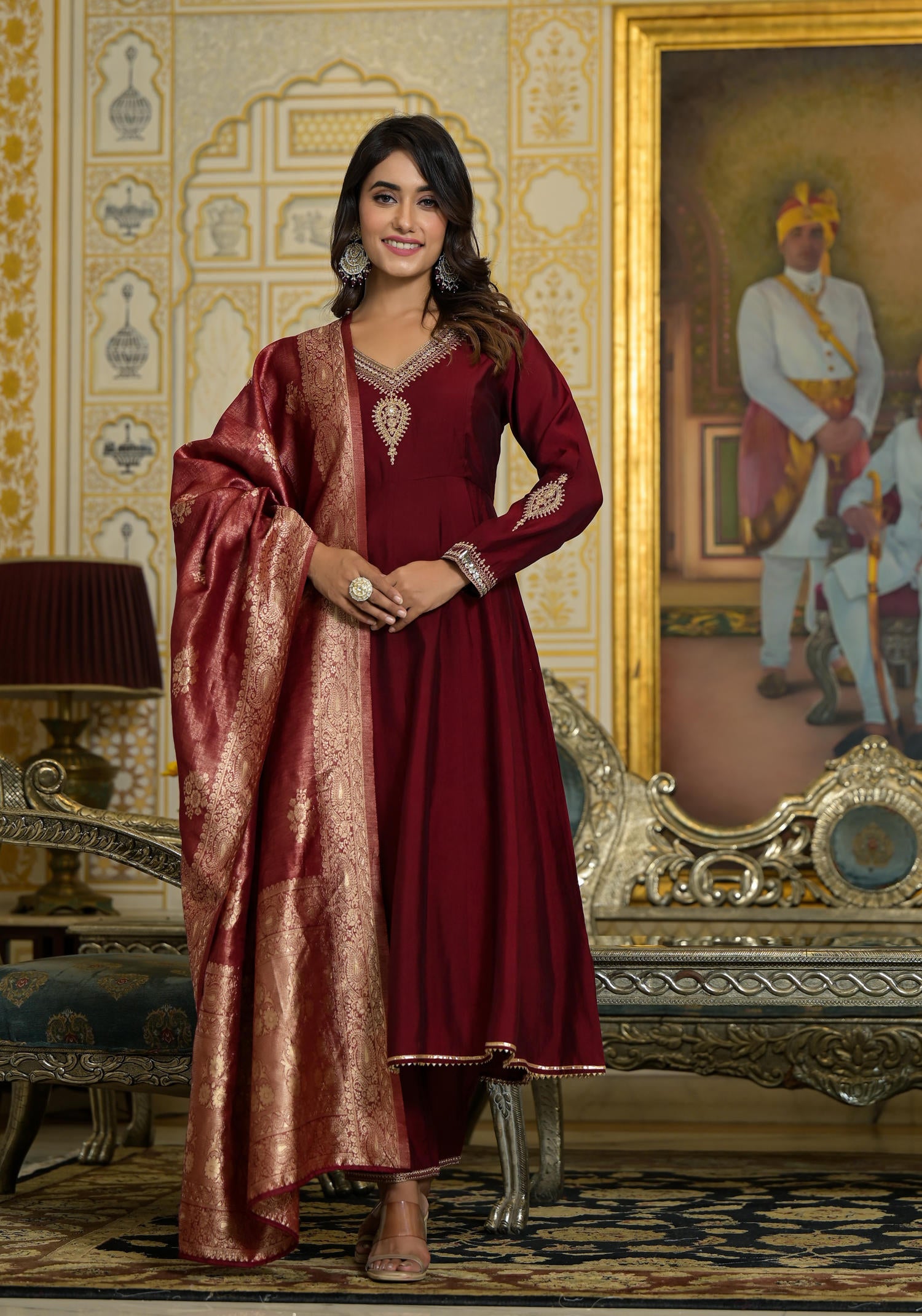 Maroon Zari Embroidered Viscose Kurta Pant And Dupatta Set With Sequins & Lace