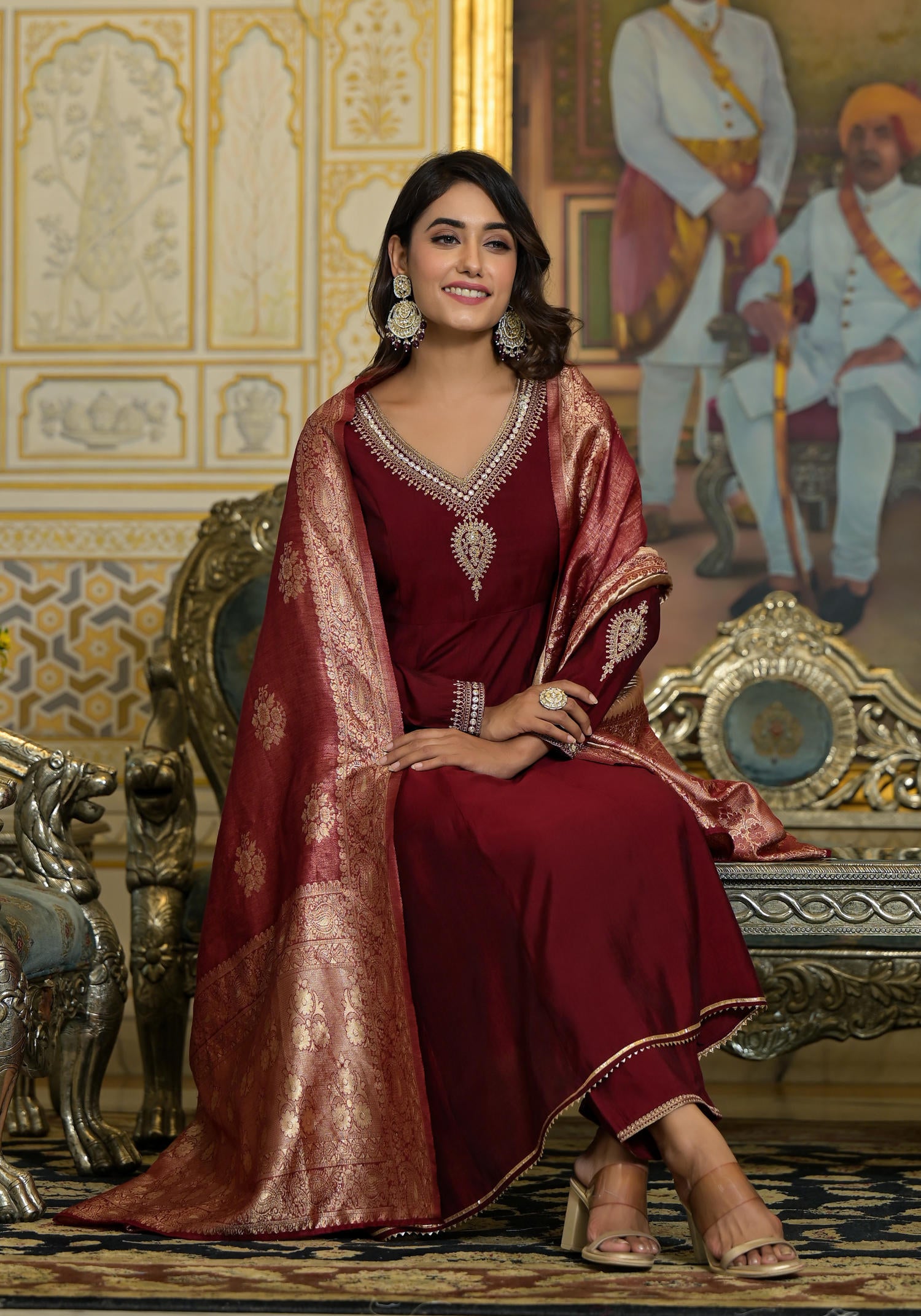 Maroon Zari Embroidered Viscose Kurta Pant And Dupatta Set With Sequins & Lace